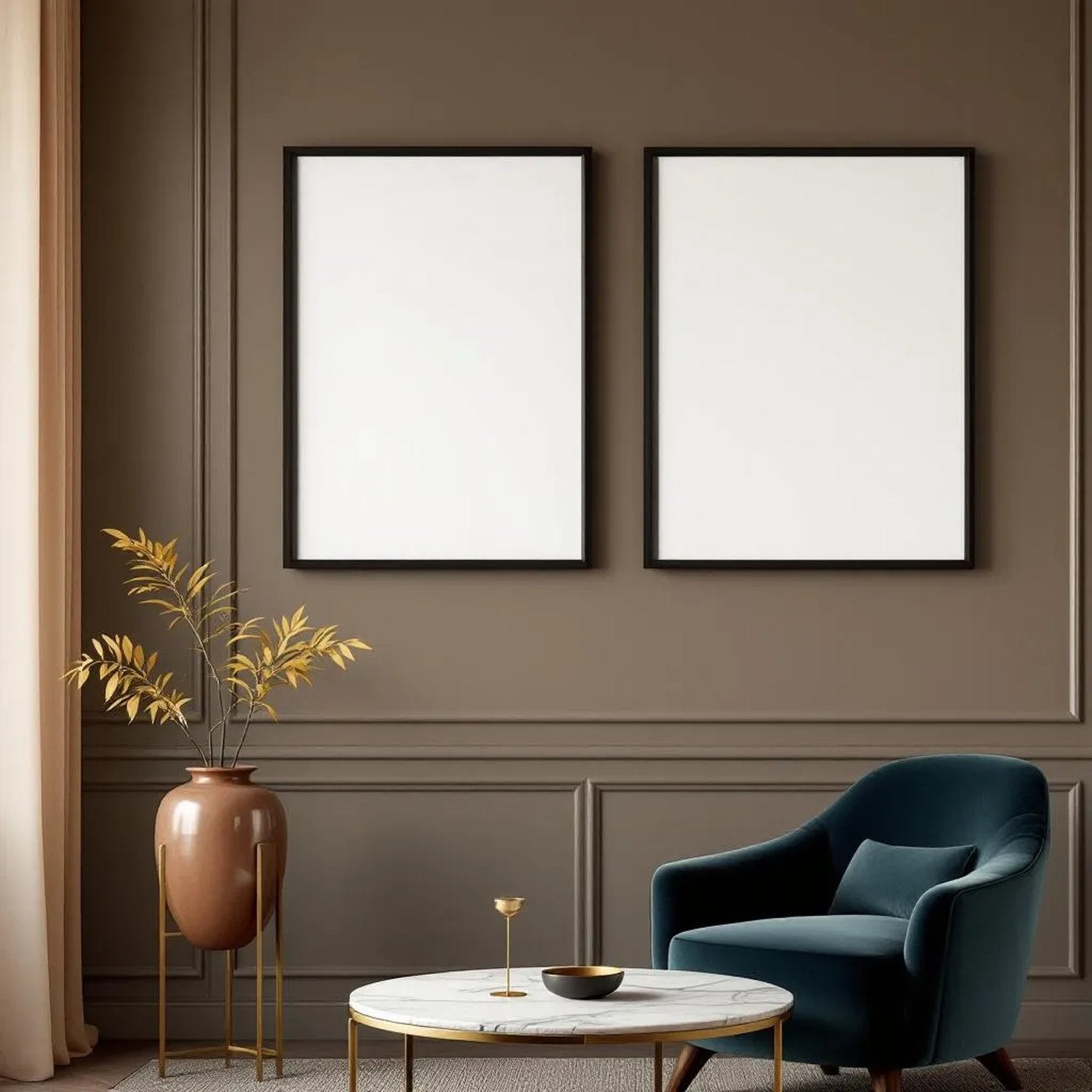 Art Deco Styled Room Mockup — Plain Square Frame Portrait 2:3 — Elevated Angled View — #04593 | MockupBulk