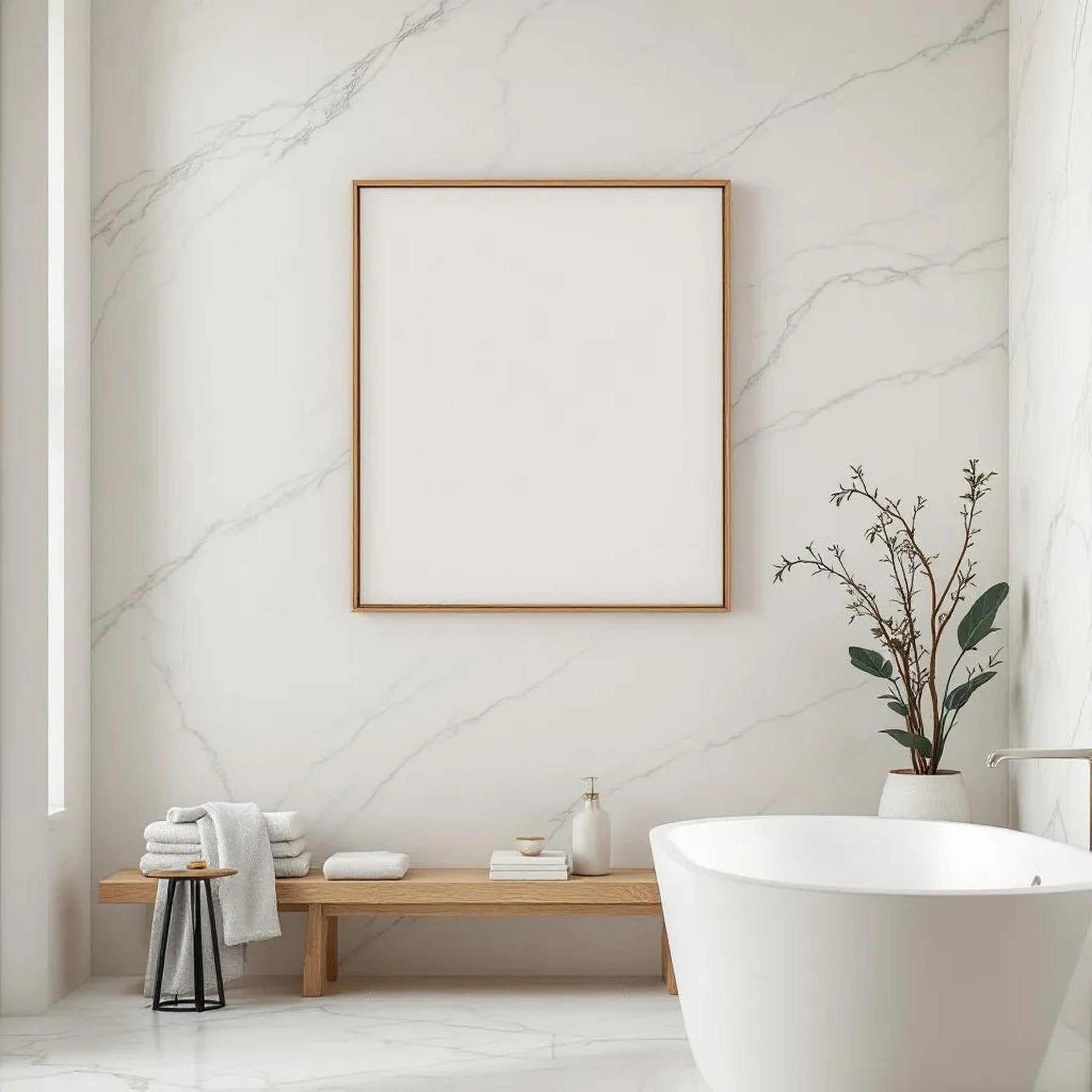 Spa Bathroom Wall Art Mockup — Plain Square Frame Portrait 2:3 — Elevated Angled View — #04816 | MockupBulk