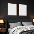 Dark Bedroom Interior Frame Mockup — Plain Square Frame Portrait 2:3 — Elevated Angled View — #04565 | MockupBulk