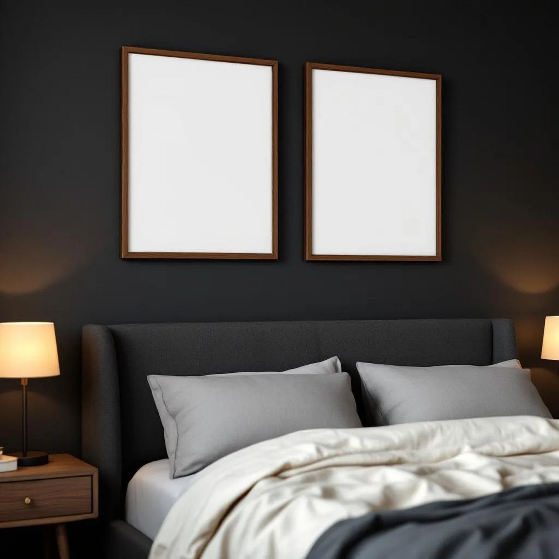 Dark Bedroom Interior Frame Mockup — Plain Square Frame Portrait 2:3 — Elevated Angled View — #04565 | MockupBulk