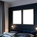 Dark Bedroom Editorial Room Mockup — Plain Square Frame Portrait 2:3 — Elevated Angled View — #04567 | MockupBulk