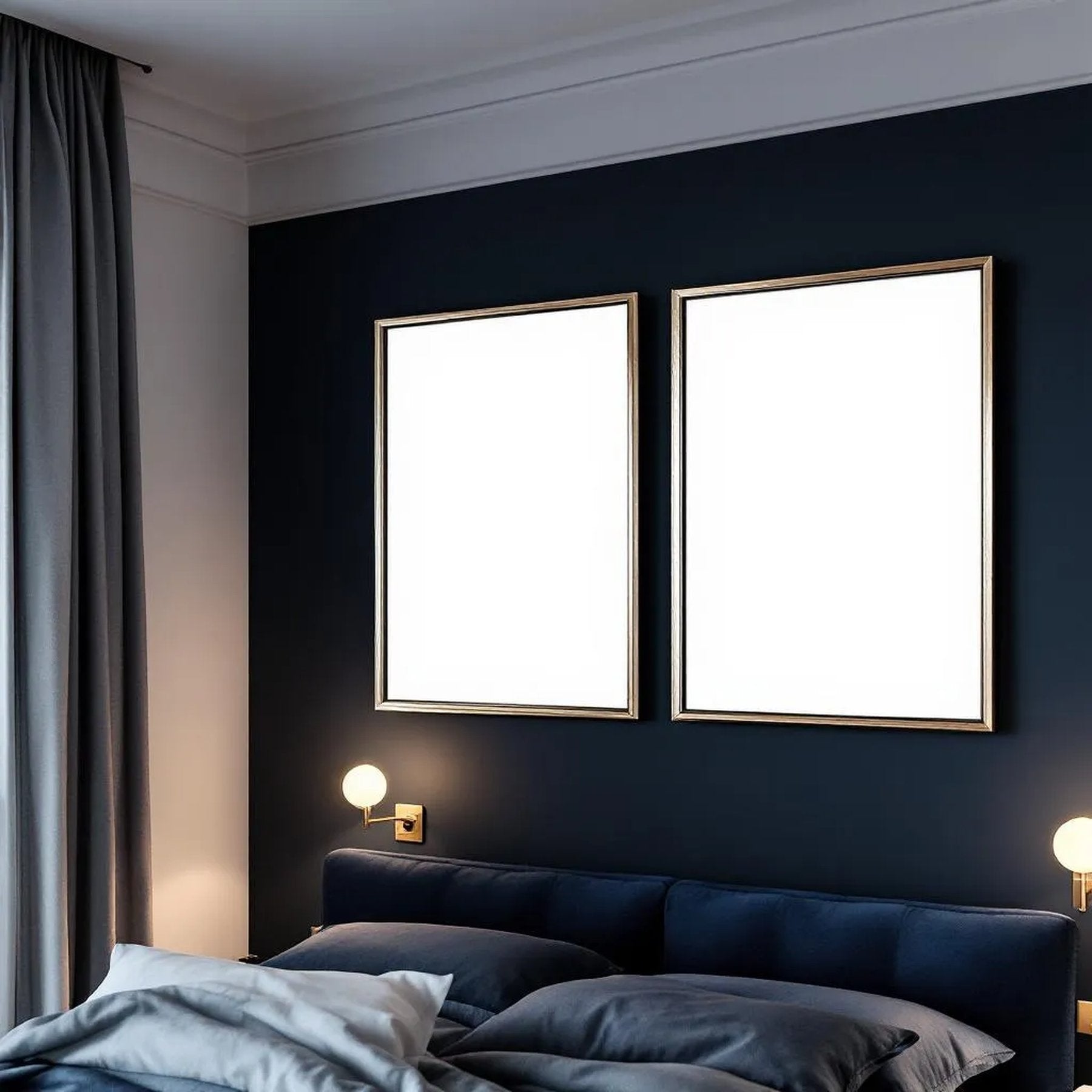 Dark Bedroom Editorial Room Mockup — Plain Square Frame Portrait 2:3 — Elevated Angled View — #04567 | MockupBulk