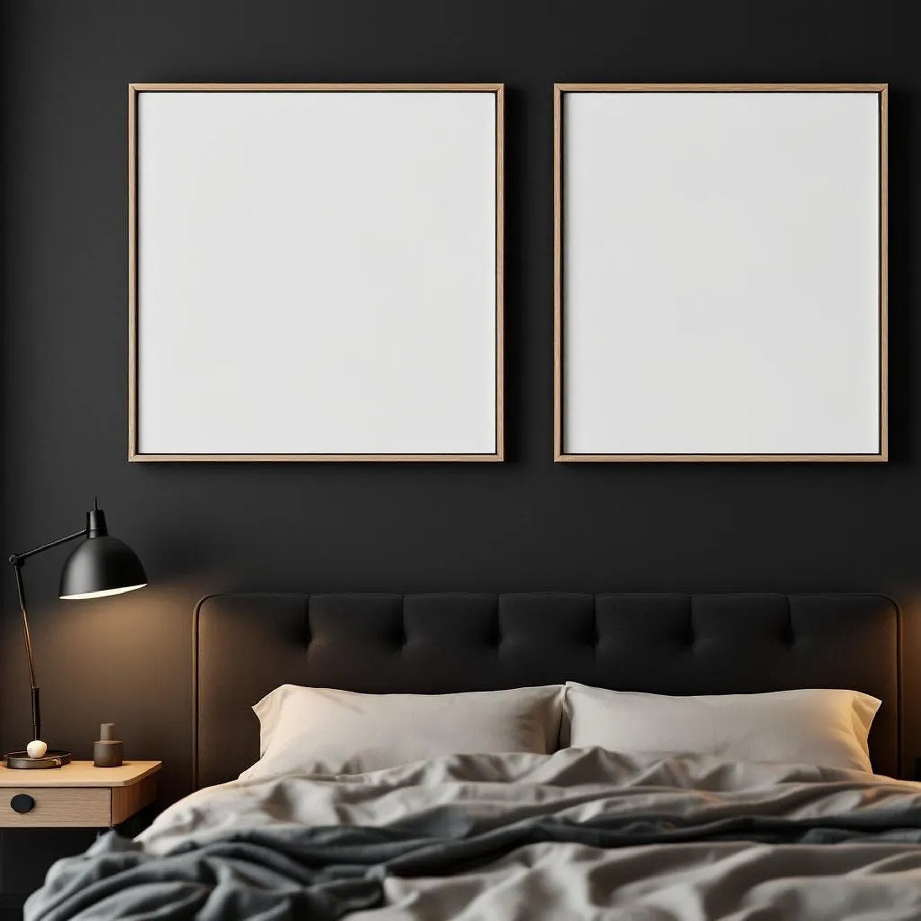 Dark Bedroom Professional Frame Mockup — Plain Square Frame Square 1:1 — Elevated Angled View — #04568 | MockupBulk