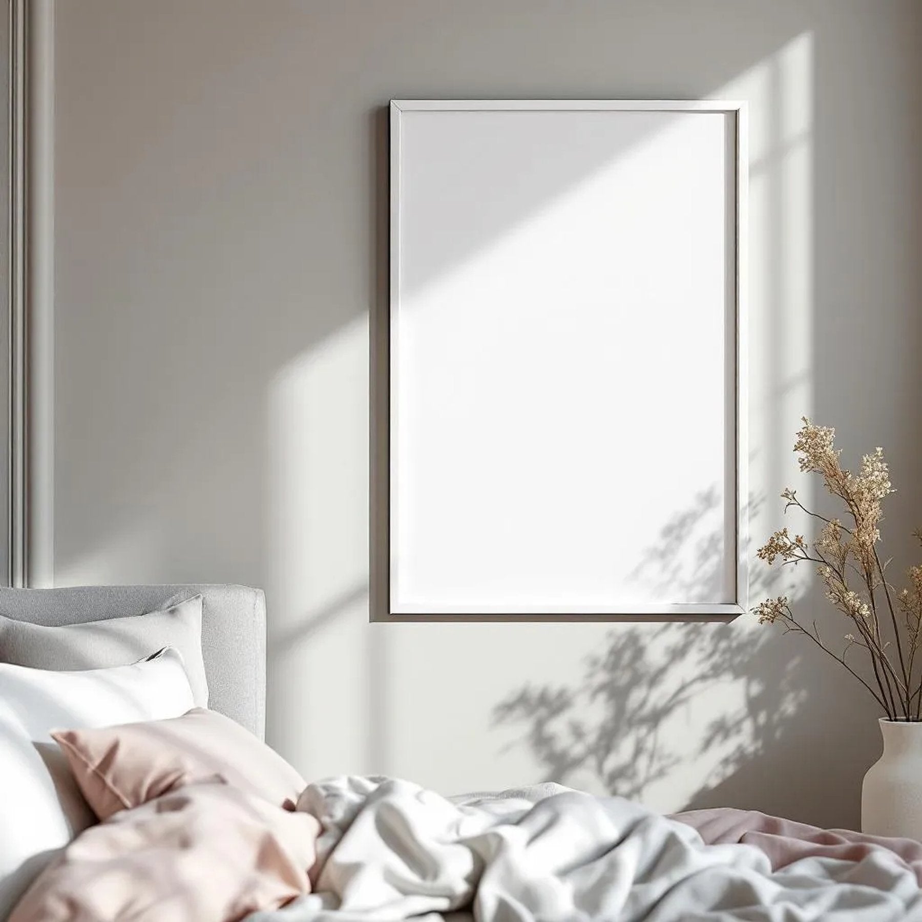 White Bedroom Interior Frame Mockup — Plain Square Frame Portrait 2:3 — Elevated Angled View — #04539 | MockupBulk