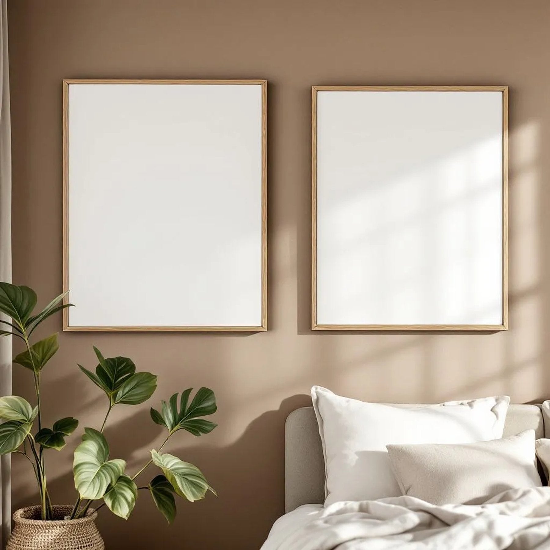 White Bedroom Room Scene Mockup — Plain Square Frame Portrait 2:3 — Elevated Angled View — #04540 | MockupBulk