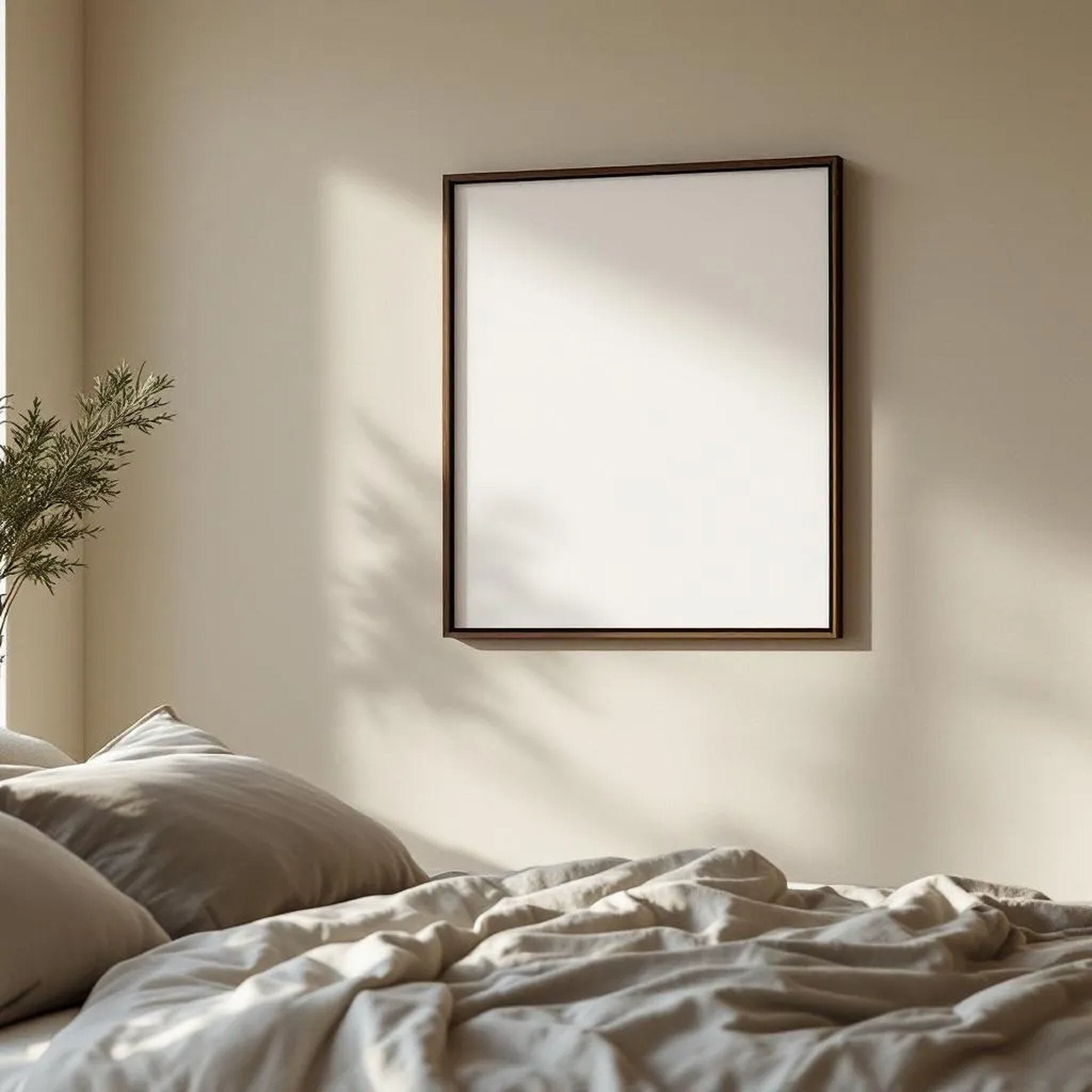 White Bedroom Lifestyle Frame Mockup — Plain Square Frame Portrait 2:3 — Elevated Angled View — #04541 | MockupBulk
