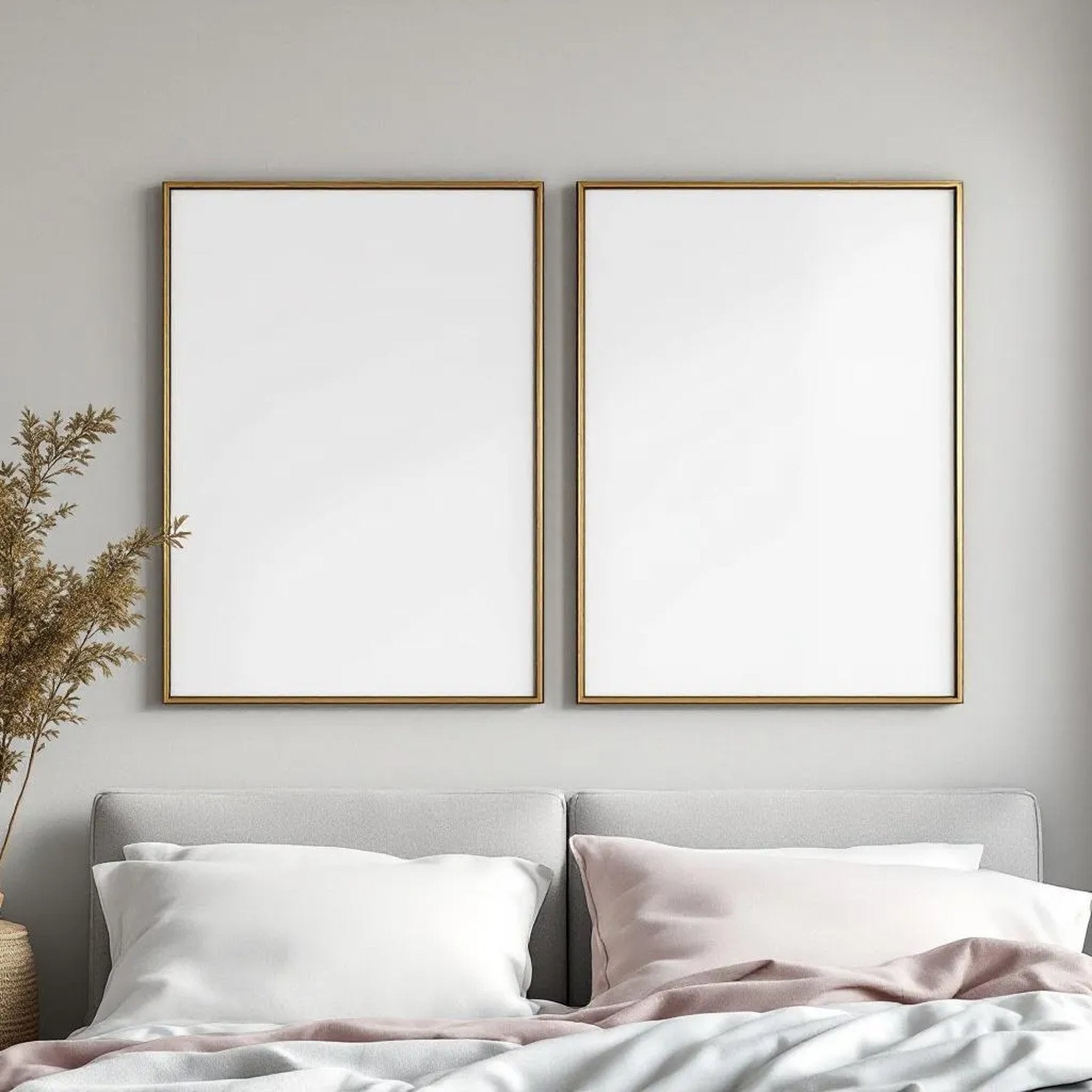 White Bedroom Editorial Room Mockup — Plain Square Frame Portrait 2:3 — Elevated Angled View — #04542 | MockupBulk