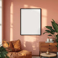 Boho Living Room Professional Frame Mockup — Plain Square Frame Landscape 3:4 — Elevated Angled View — #04914 | MockupBulk