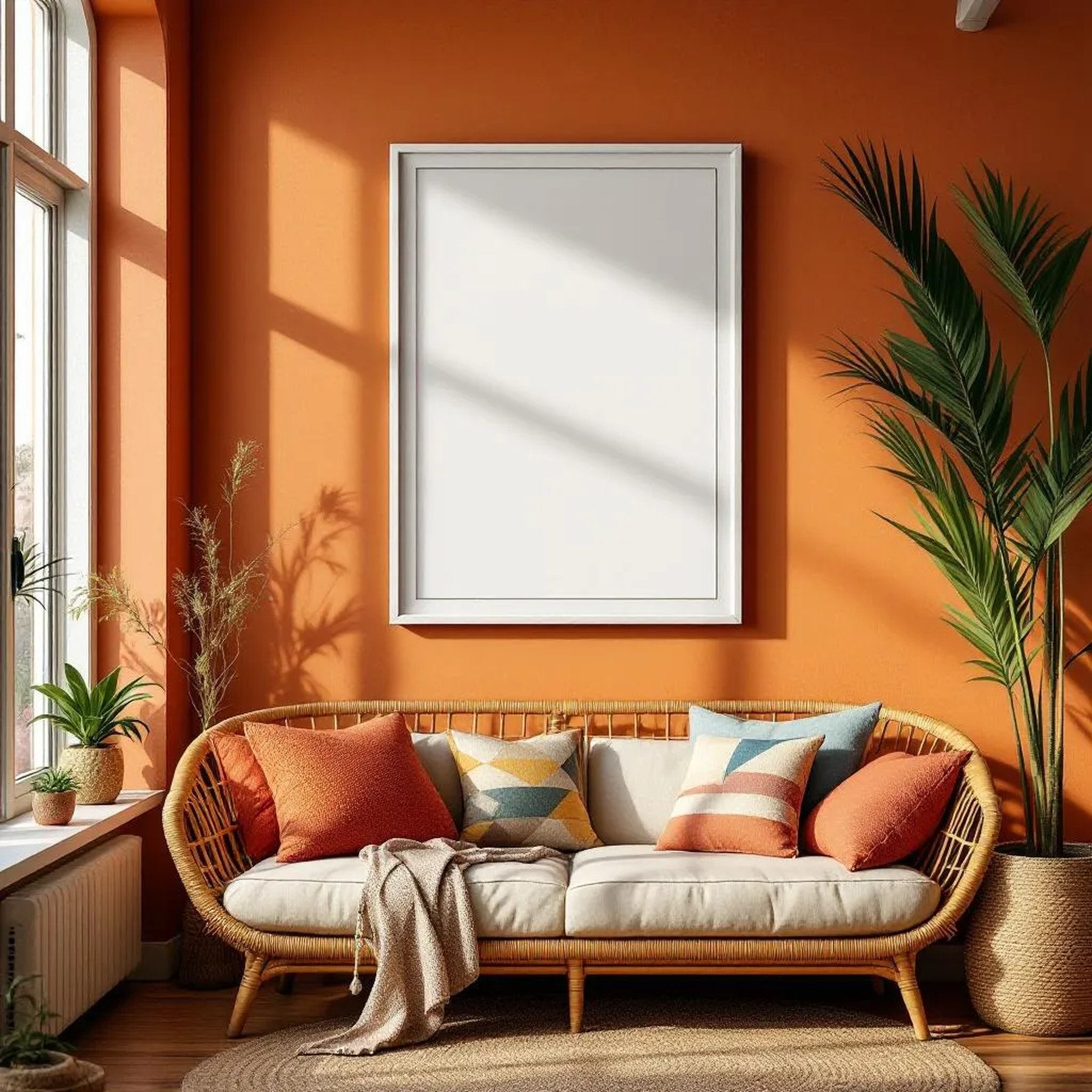 Boho Living Room Premium Interior Mockup — Plain Square Frame Portrait 2:3 — Elevated Angled View — #04915 | MockupBulk