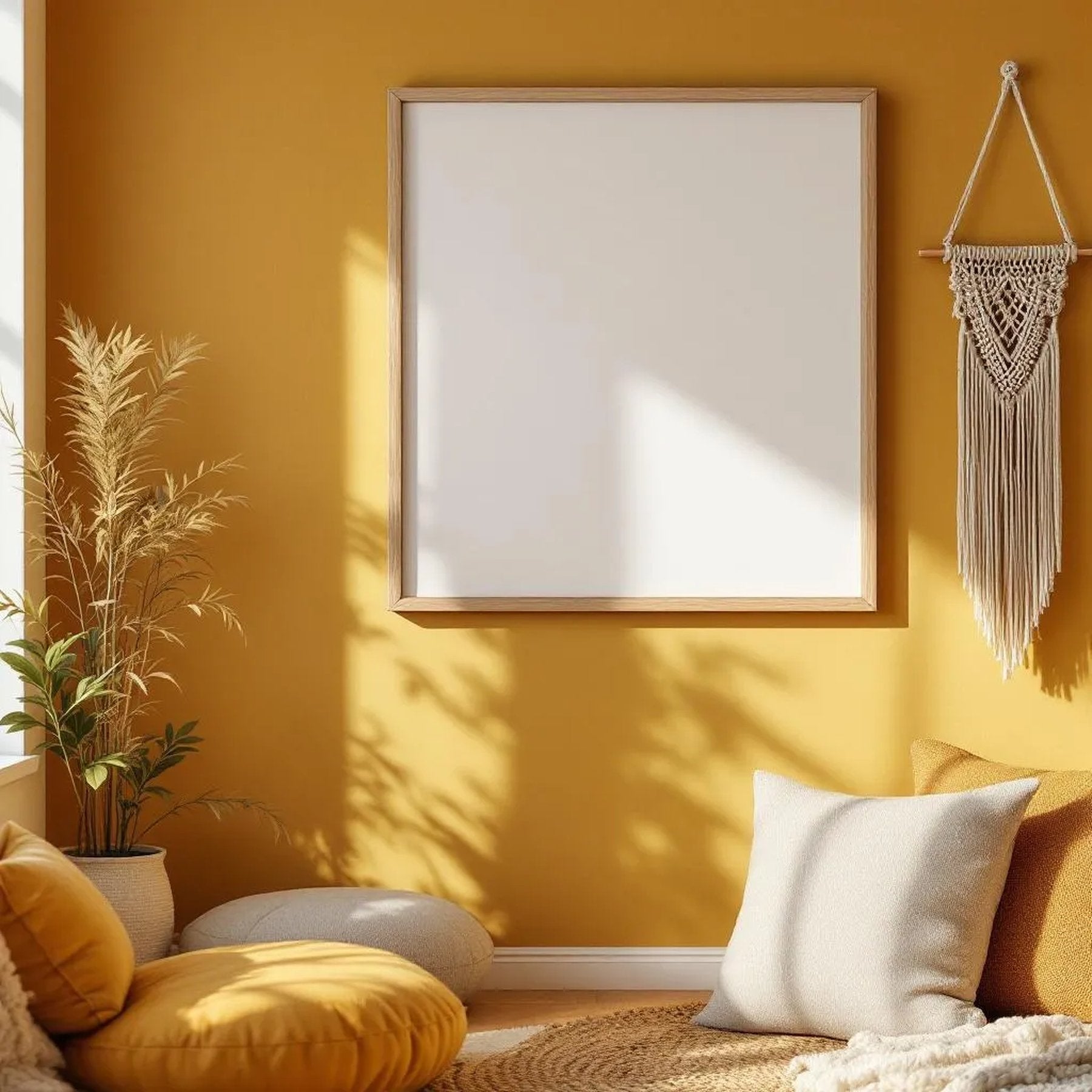 Boho Living Room Room Scene Mockup — Plain Square Frame Portrait 2:3 — Elevated Angled View — #04916 | MockupBulk
