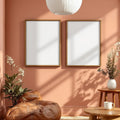 Boho Living Room Premium Interior Mockup — Plain Square Frame Portrait 2:3 — Elevated Angled View — #04917 | MockupBulk