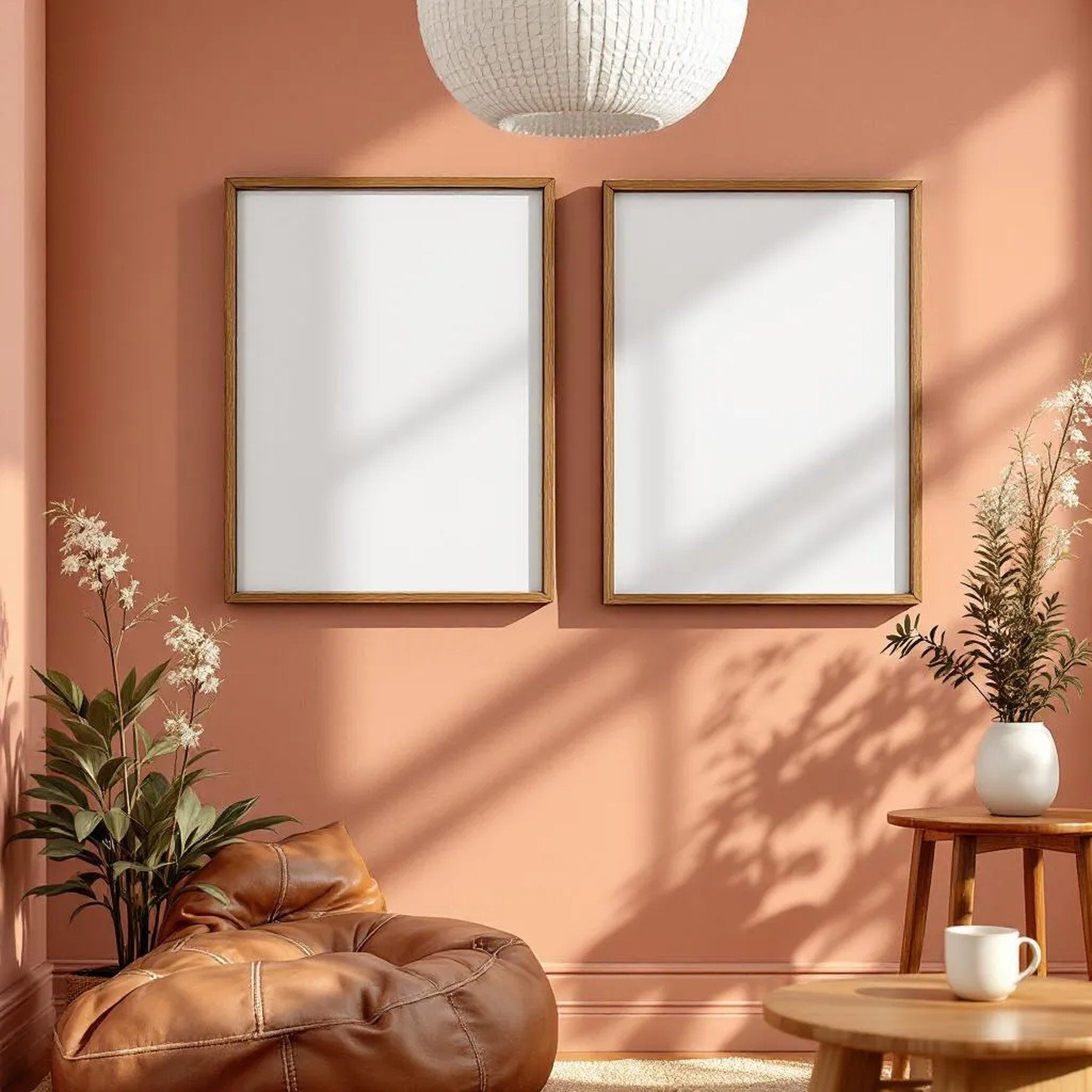 Boho Living Room Premium Interior Mockup — Plain Square Frame Portrait 2:3 — Elevated Angled View — #04917 | MockupBulk