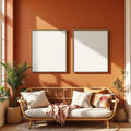 Boho Living Room Professional Frame Mockup — Plain Square Frame Portrait 2:3 — Elevated Angled View — #04918 | MockupBulk