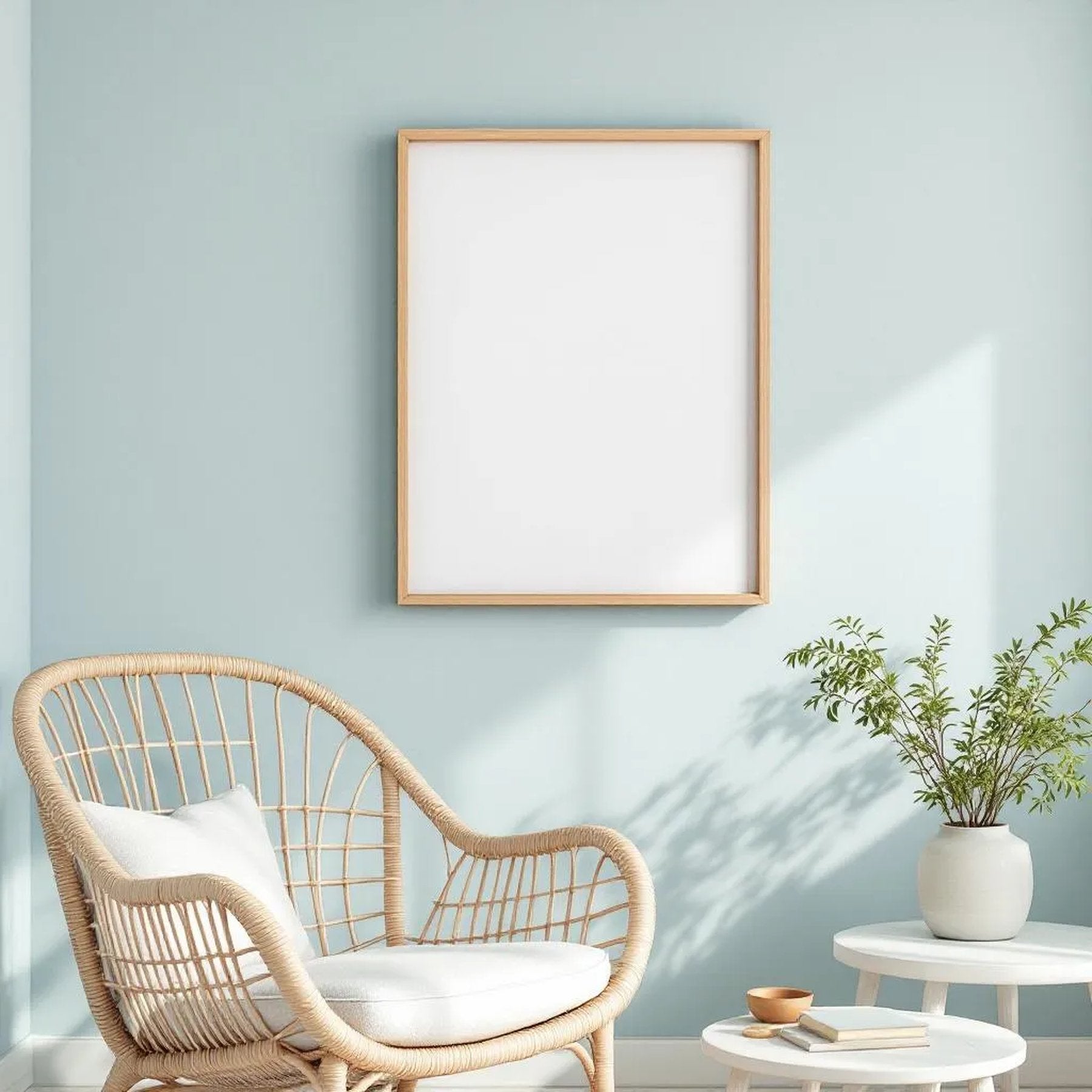 Coastal Room Scene Mockup — Plain Square Frame Portrait 2:3 — Elevated Angled View — #04640 | MockupBulk