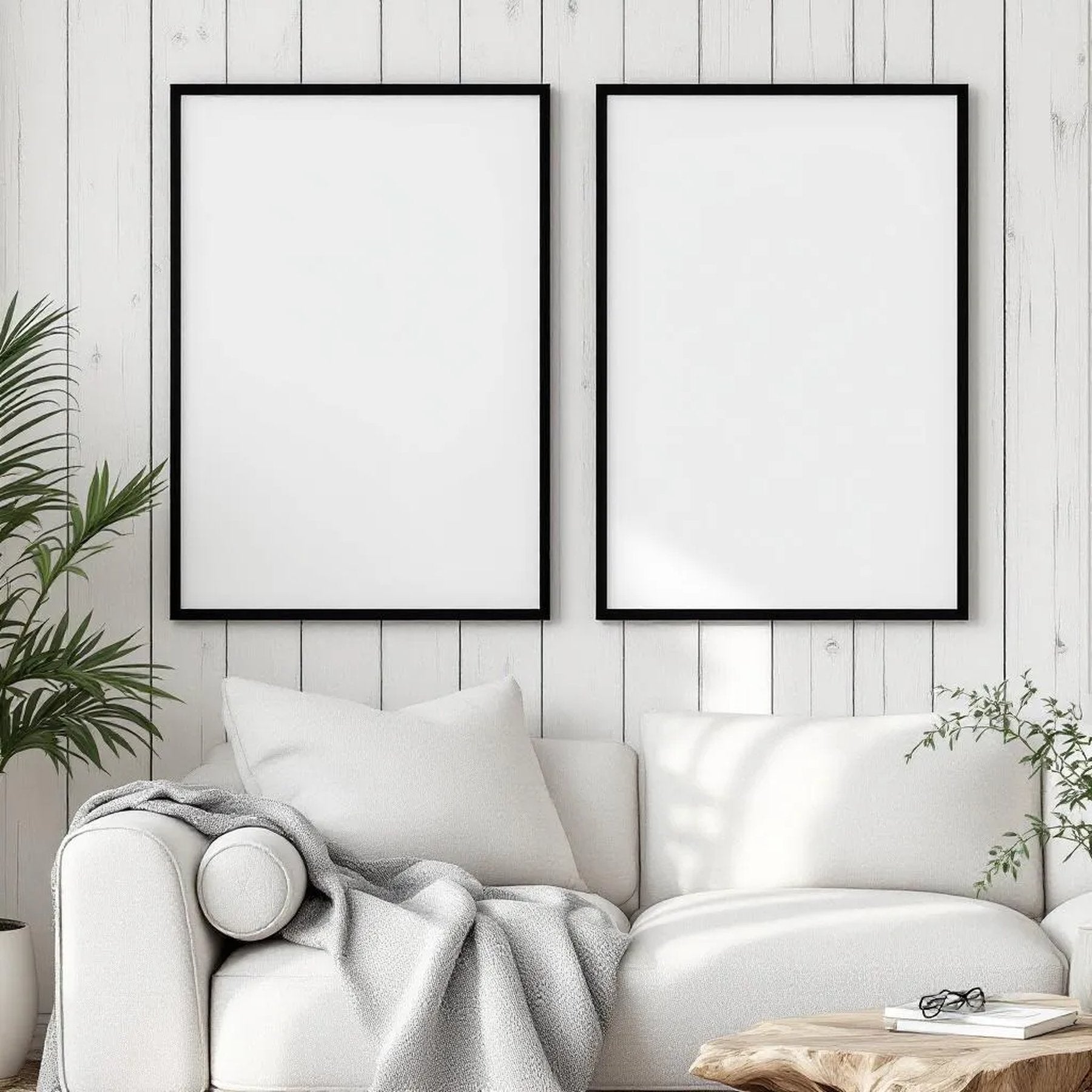 Coastal Room Scene Mockup — Plain Square Frame Portrait 2:3 — Elevated Angled View — #04642 | MockupBulk