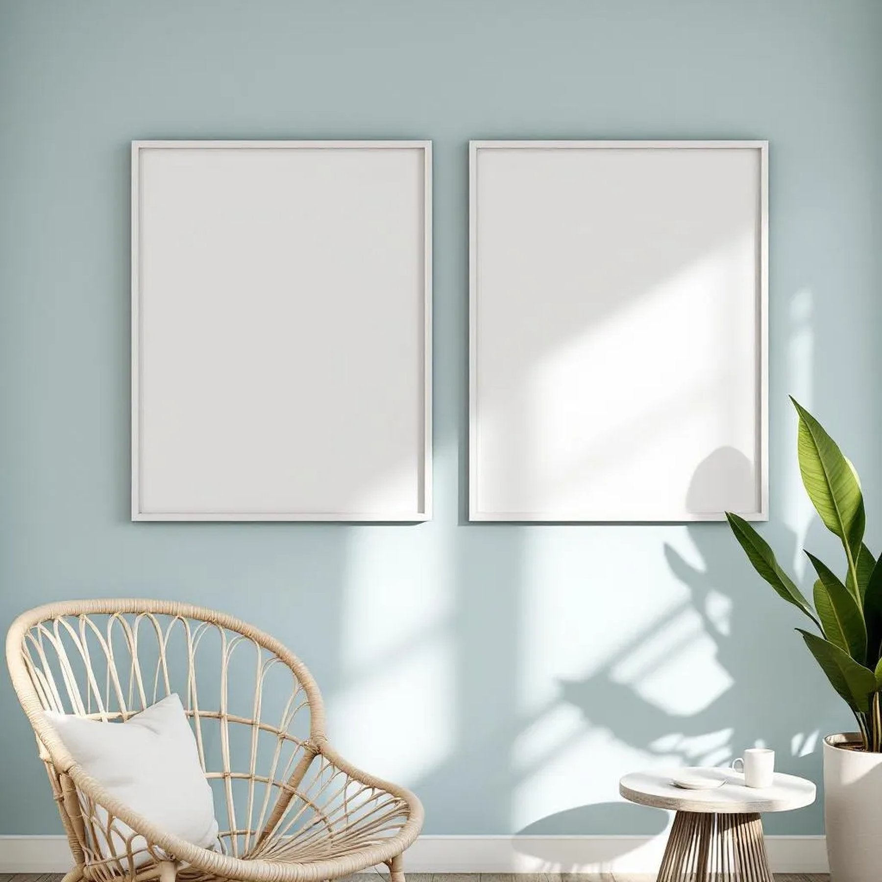 Coastal Editorial Room Mockup — Plain Square Frame Portrait 2:3 — Elevated Angled View — #04643 | MockupBulk