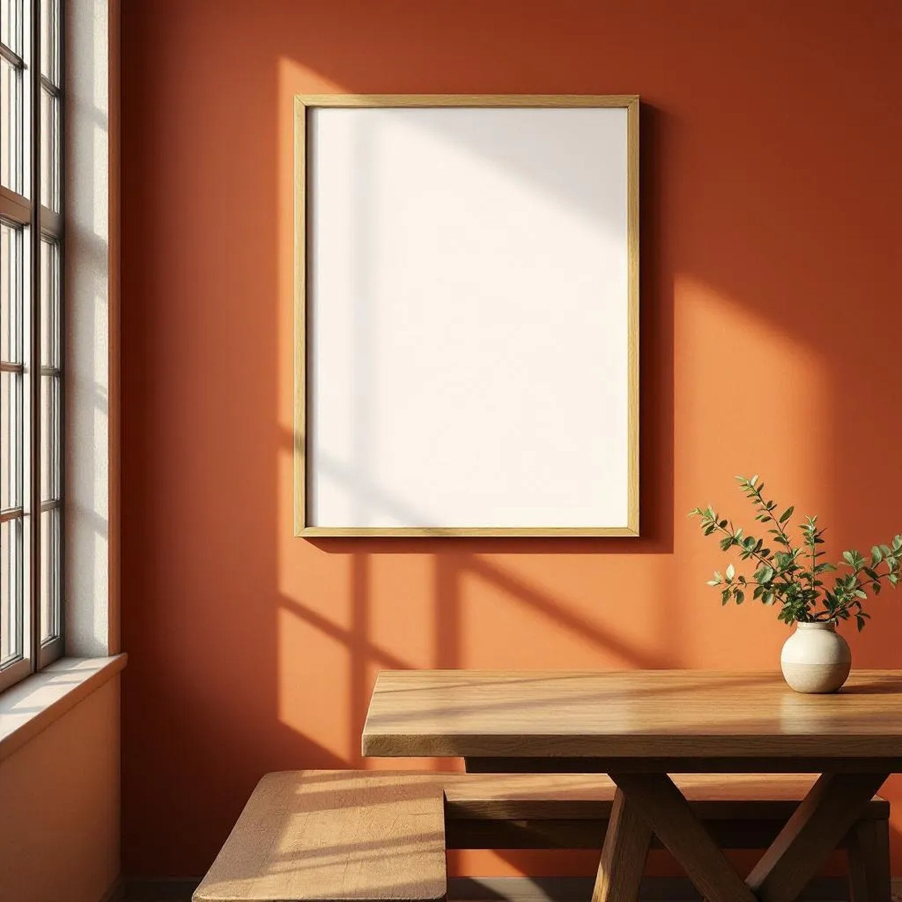 Dining Room Interior Frame Mockup — Plain Square Frame Landscape 3:4 — Elevated Angled View — #04764 | MockupBulk
