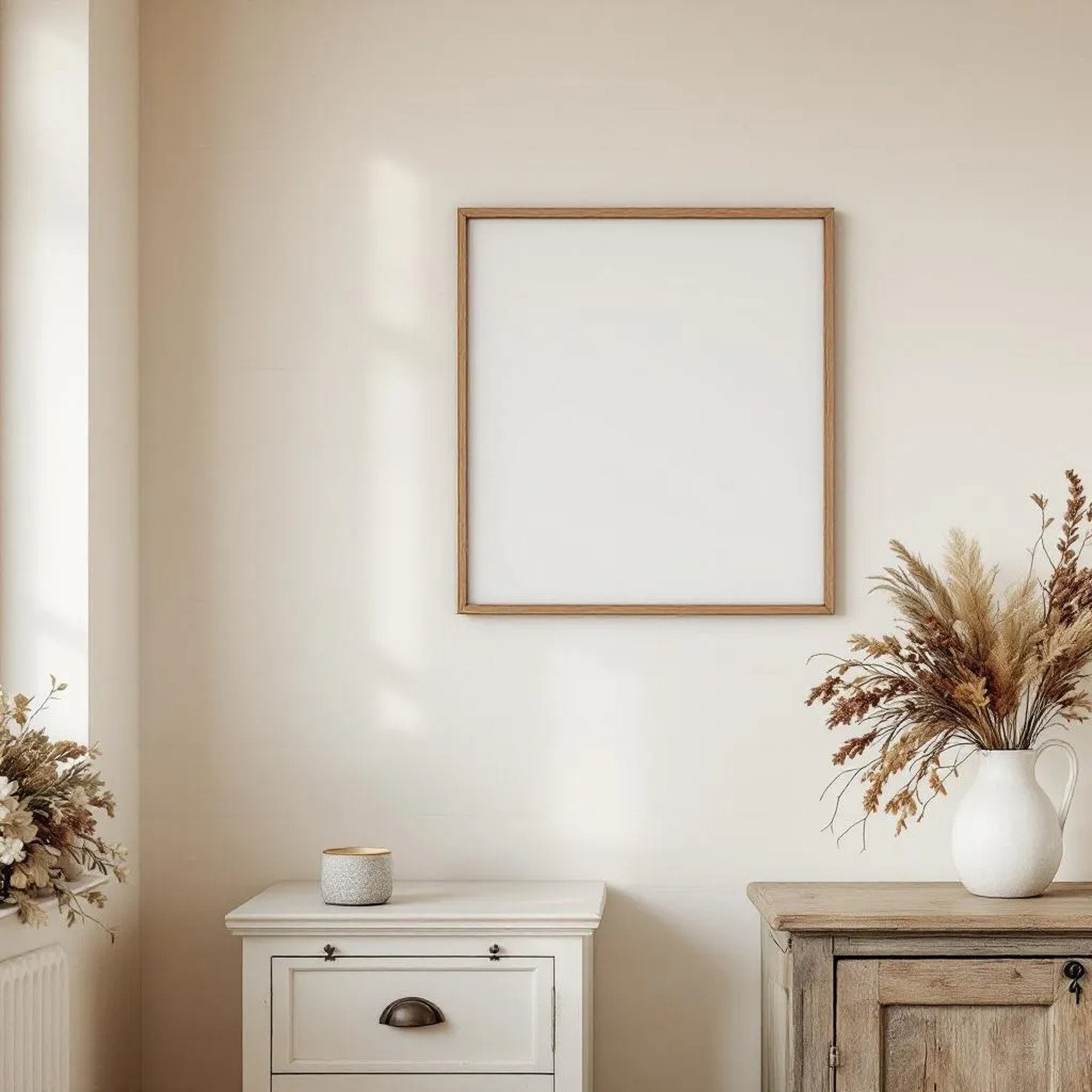 Farmhouse Styled Room Mockup — Plain Square Frame Portrait 2:3 — Elevated Angled View — #04964 | MockupBulk