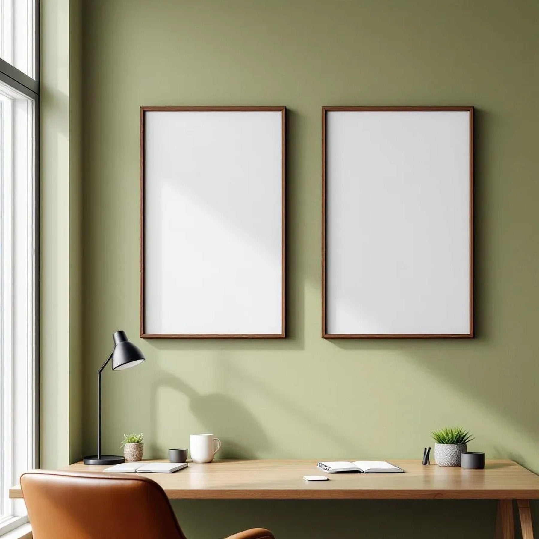 Home Office Interior Frame Mockup — Plain Square Frame Portrait 2:3 — Elevated Angled View — #04717 | MockupBulk