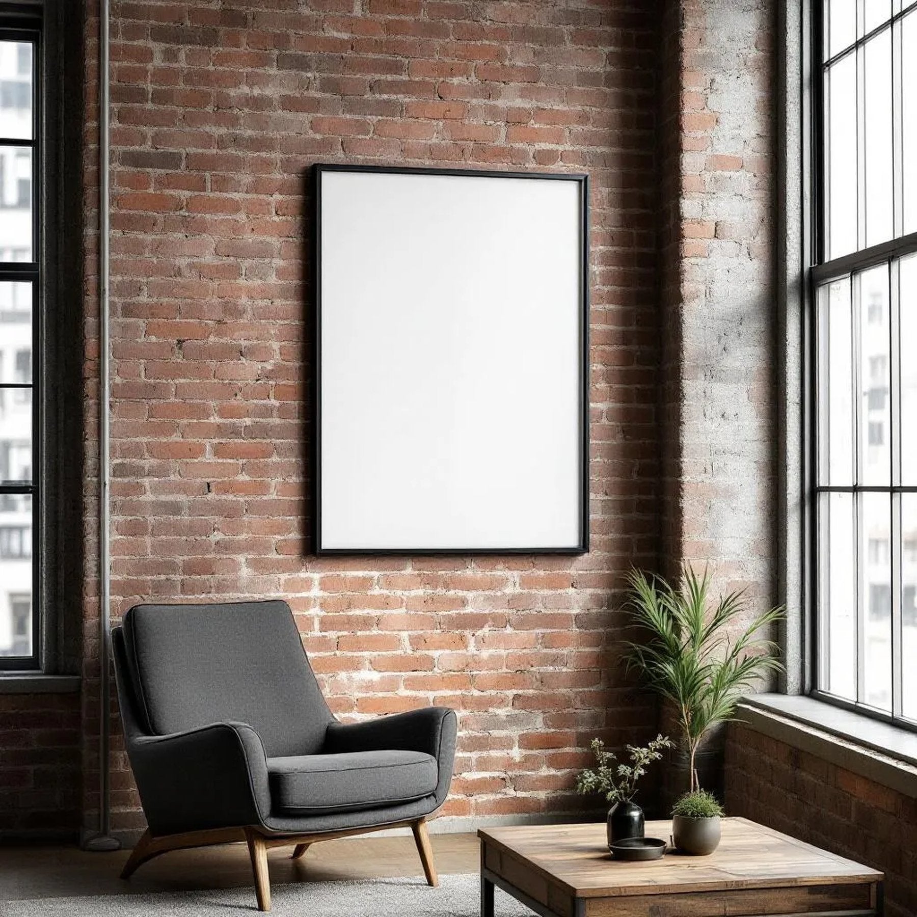 Industrial Loft Editorial Room Mockup — Plain Square Frame Portrait 2:3 — Elevated Angled View — #04514 | MockupBulk