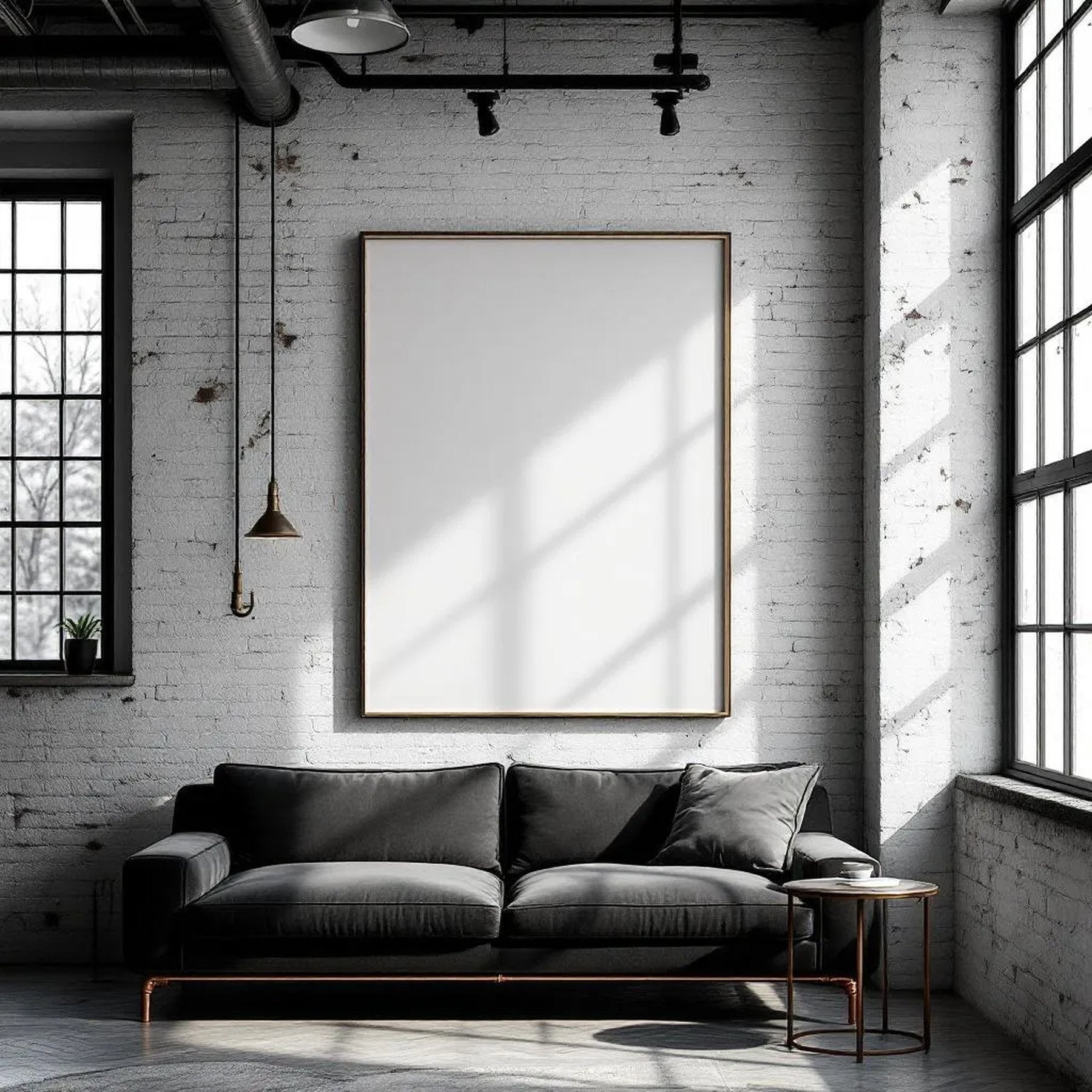 Industrial Loft Styled Room Mockup — Plain Square Frame Portrait 2:3 — Elevated Angled View — #04515 | MockupBulk