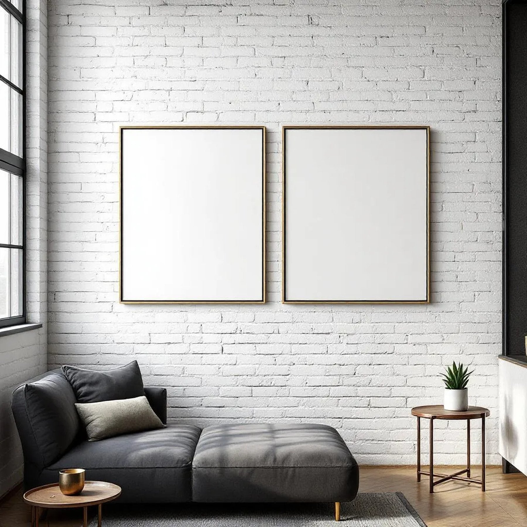 Industrial Loft Lifestyle Frame Mockup — Plain Square Frame Square 1:1 — Elevated Angled View — #04518 | MockupBulk