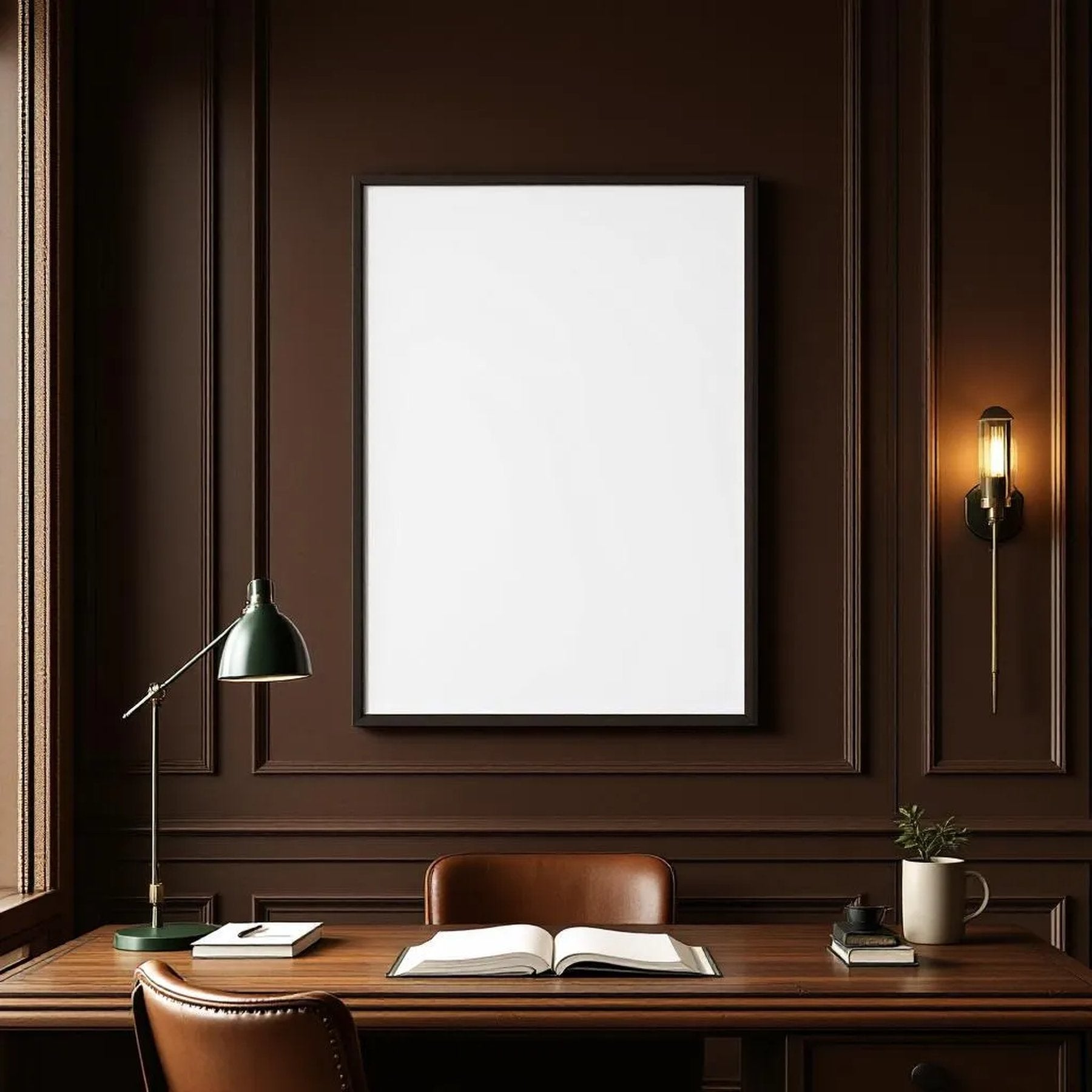 Library & Study Styled Room Mockup — Plain Square Frame Portrait 2:3 — Elevated Angled View — #04865 | MockupBulk