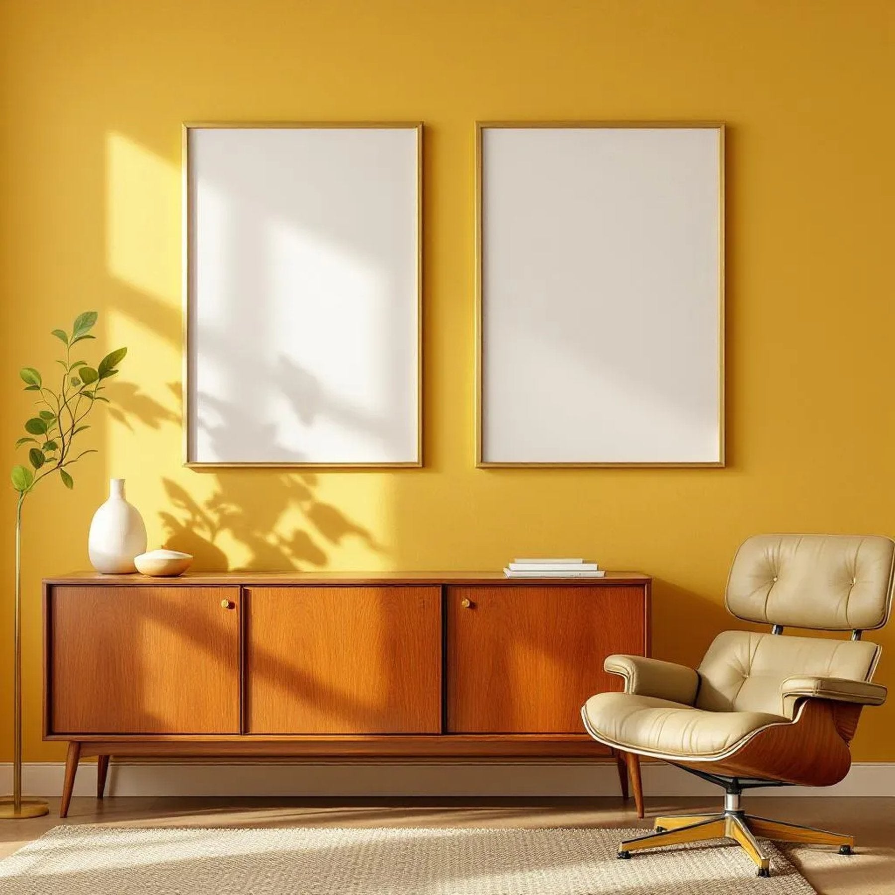 Mid-Century Modern Premium Interior Mockup — Plain Square Frame Portrait 2:3 — Elevated Angled View — #04942 | MockupBulk