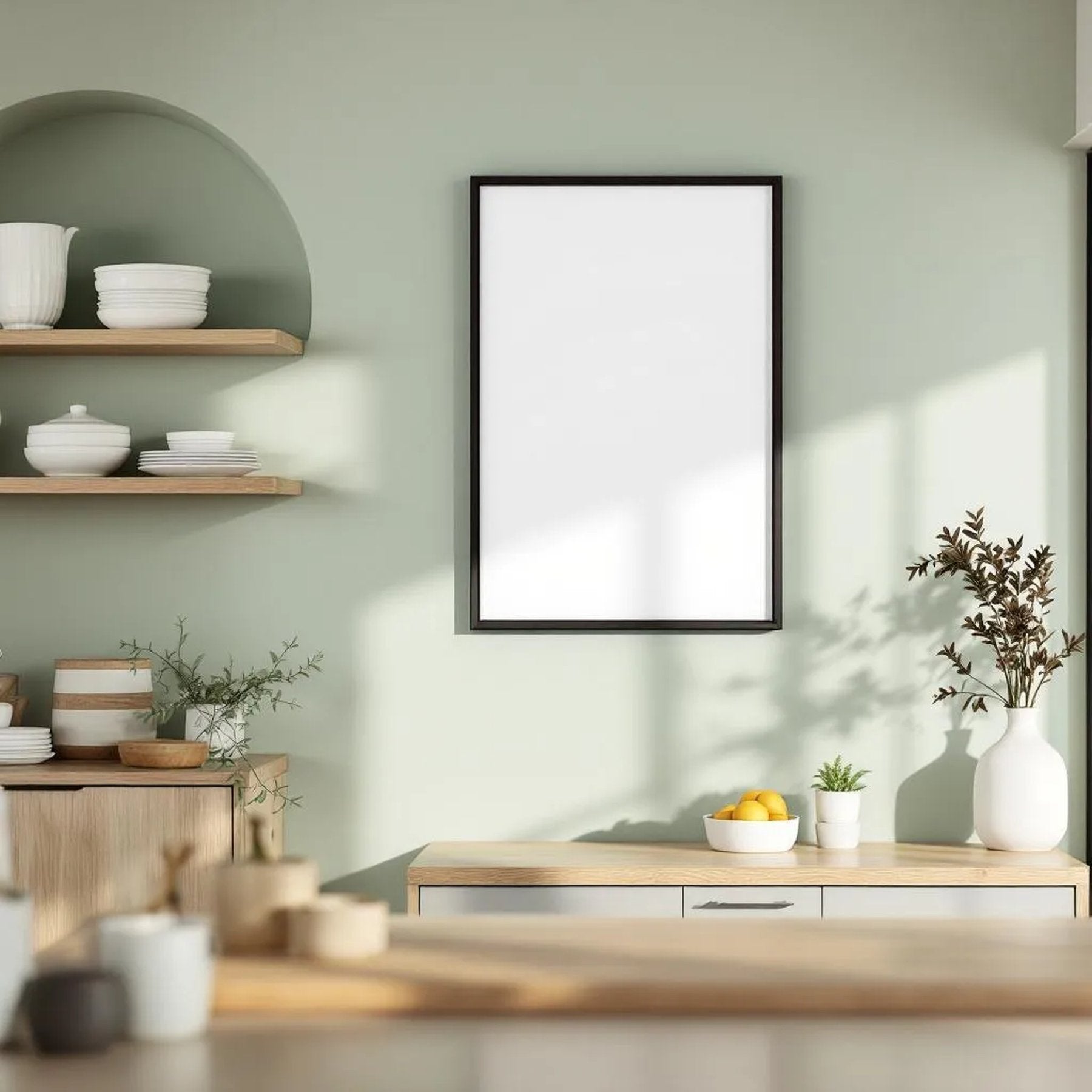 Modern Kitchen Premium Interior Mockup — Plain Square Frame Portrait 2:3 — Elevated Angled View — #04889 | MockupBulk