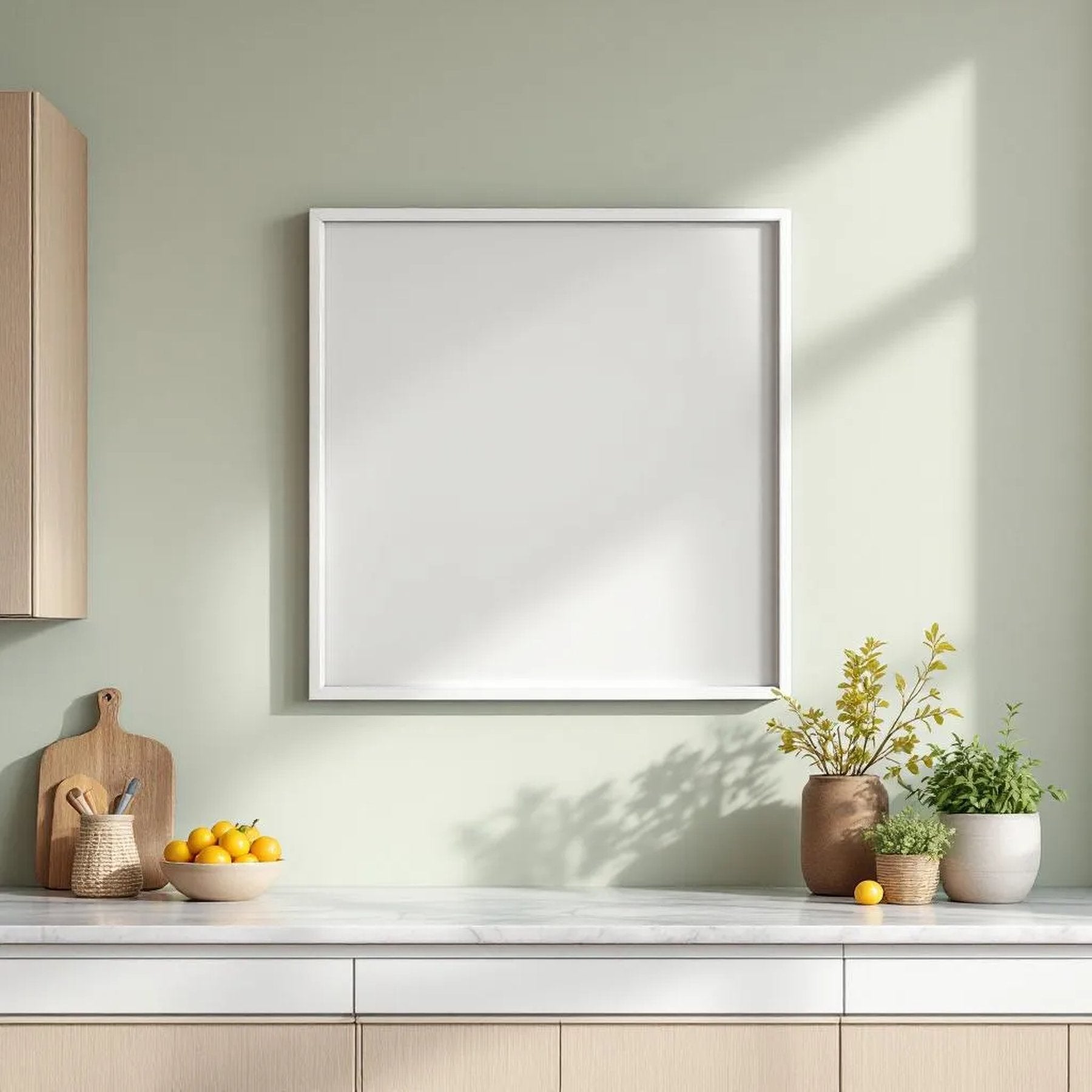 Modern Kitchen High-Res Frame Mockup — Plain Square Frame Portrait 2:3 — Elevated Angled View — #04891 | MockupBulk