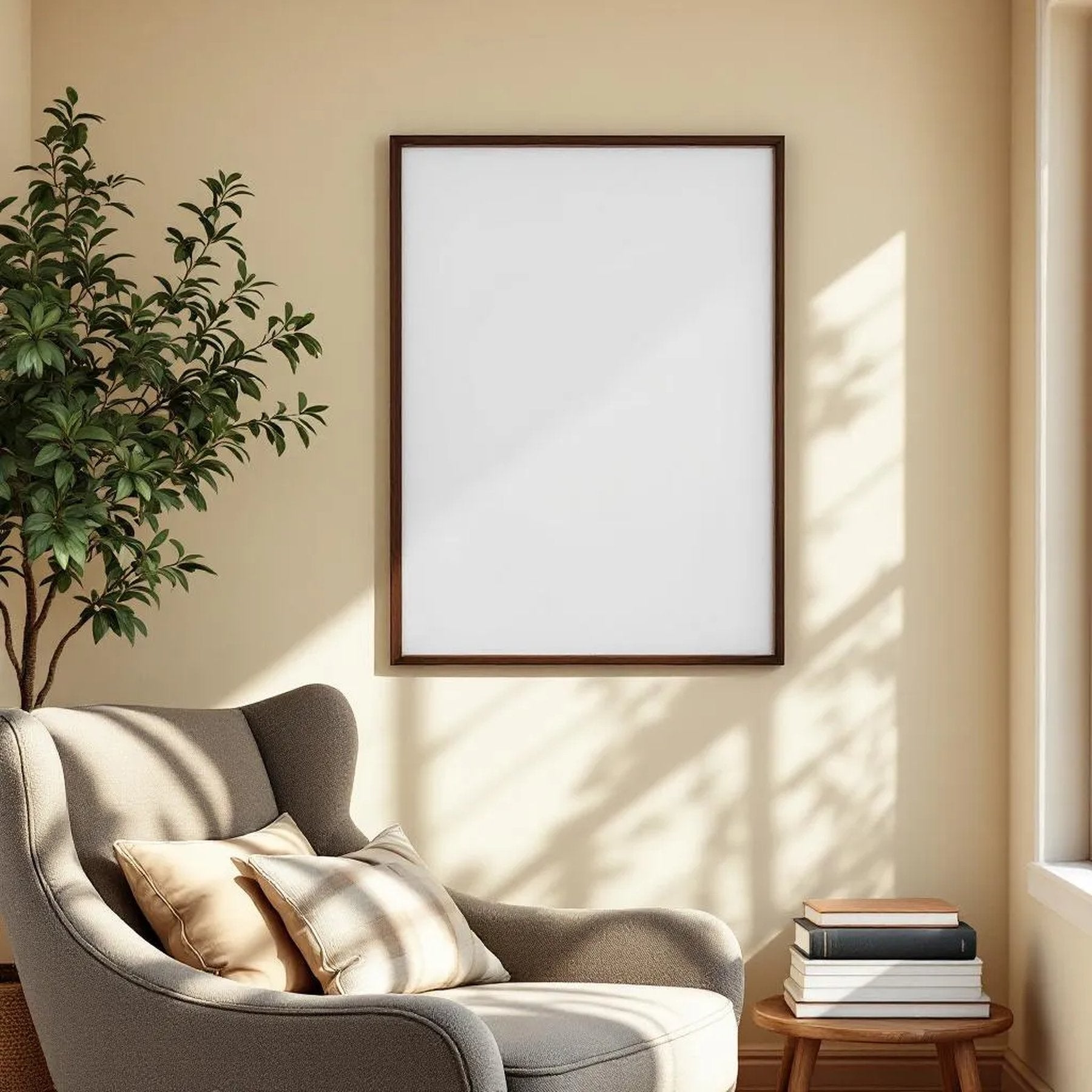 Reading Nook Wall Art Mockup — Plain Square Frame Portrait 2:3 — Elevated Angled View — #04789 | MockupBulk