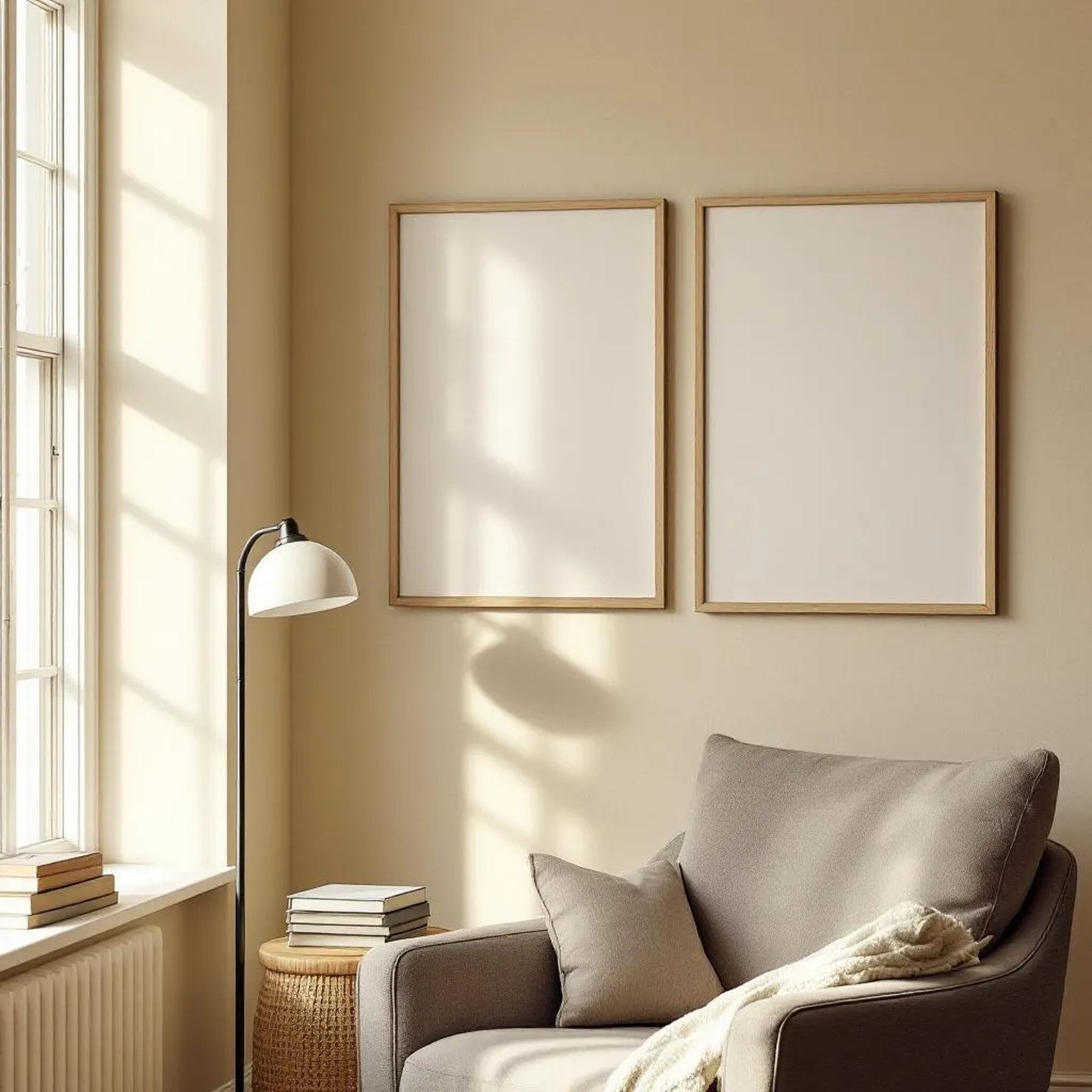 Reading Nook Editorial Room Mockup — Plain Square Frame Portrait 2:3 — Elevated Angled View — #04792 | MockupBulk