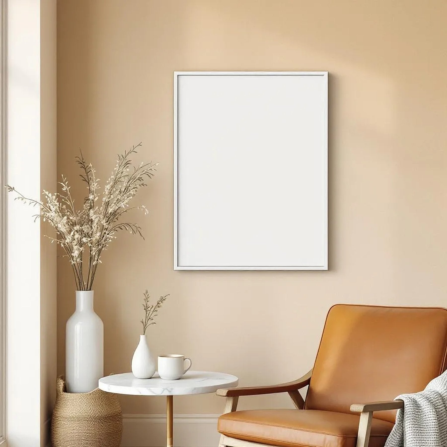 Scandinavian Room Scene Mockup — Plain Square Frame Landscape 3:4 — Elevated Angled View — #04491 | MockupBulk
