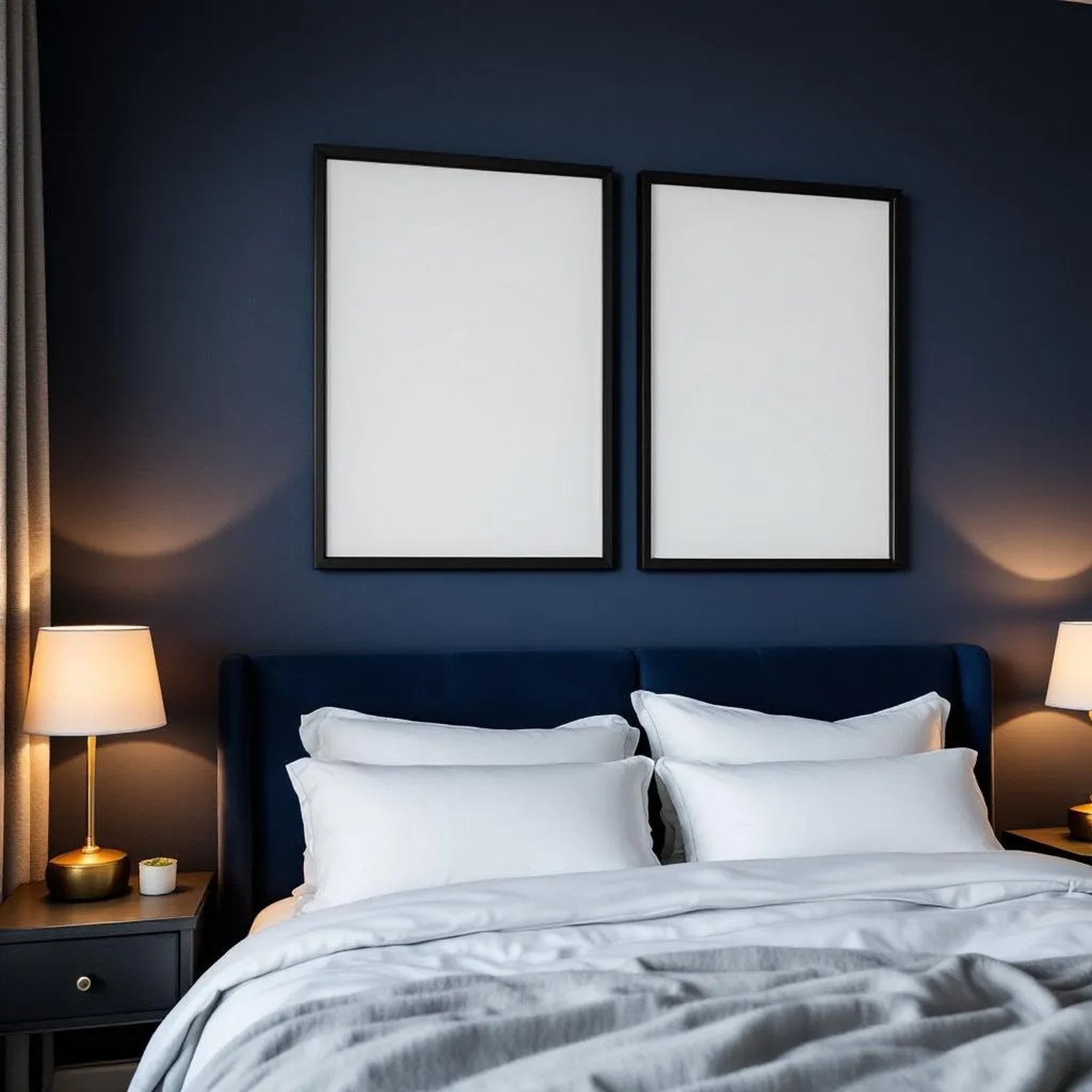 Dark Bedroom Wall Art Mockup — Plain Square Frame Portrait 2:3 — Corner Perspective View — #04570 | MockupBulk