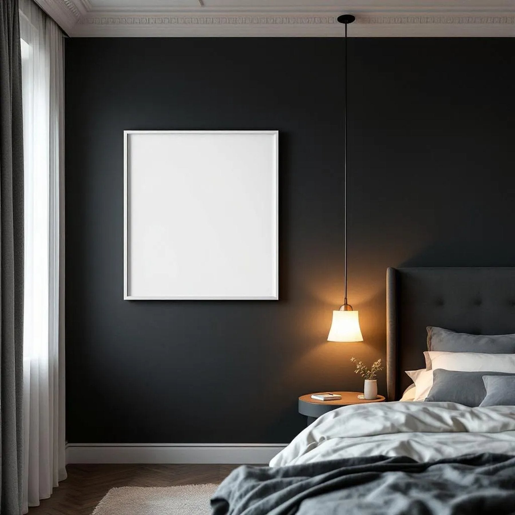 Dark Bedroom Room Scene Mockup — Plain Square Frame Portrait 4:5 — Corner Perspective View — #04571 | MockupBulk