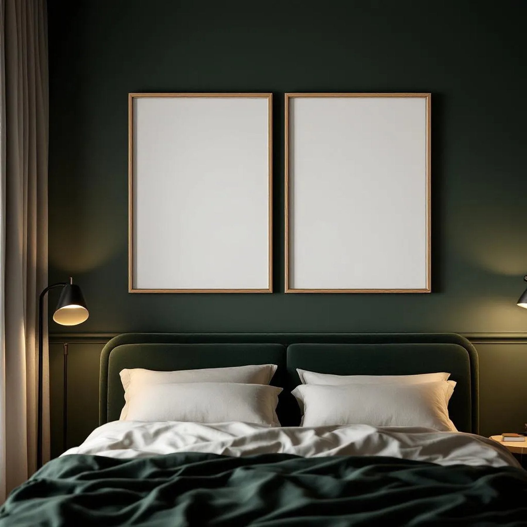 Dark Bedroom Editorial Room Mockup — Plain Square Frame Portrait 2:3 — Corner Perspective View — #04572 | MockupBulk