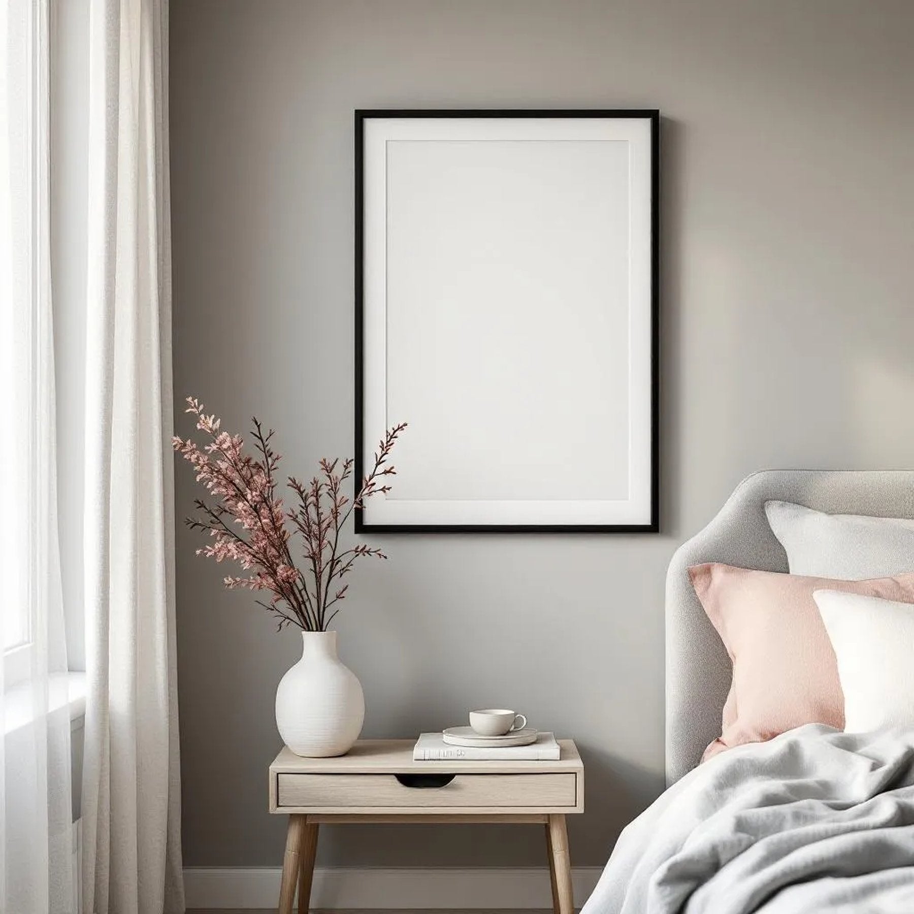 White Bedroom Wall Art Mockup — Plain Square Frame Portrait 2:3 — Corner Perspective View — #04545 | MockupBulk