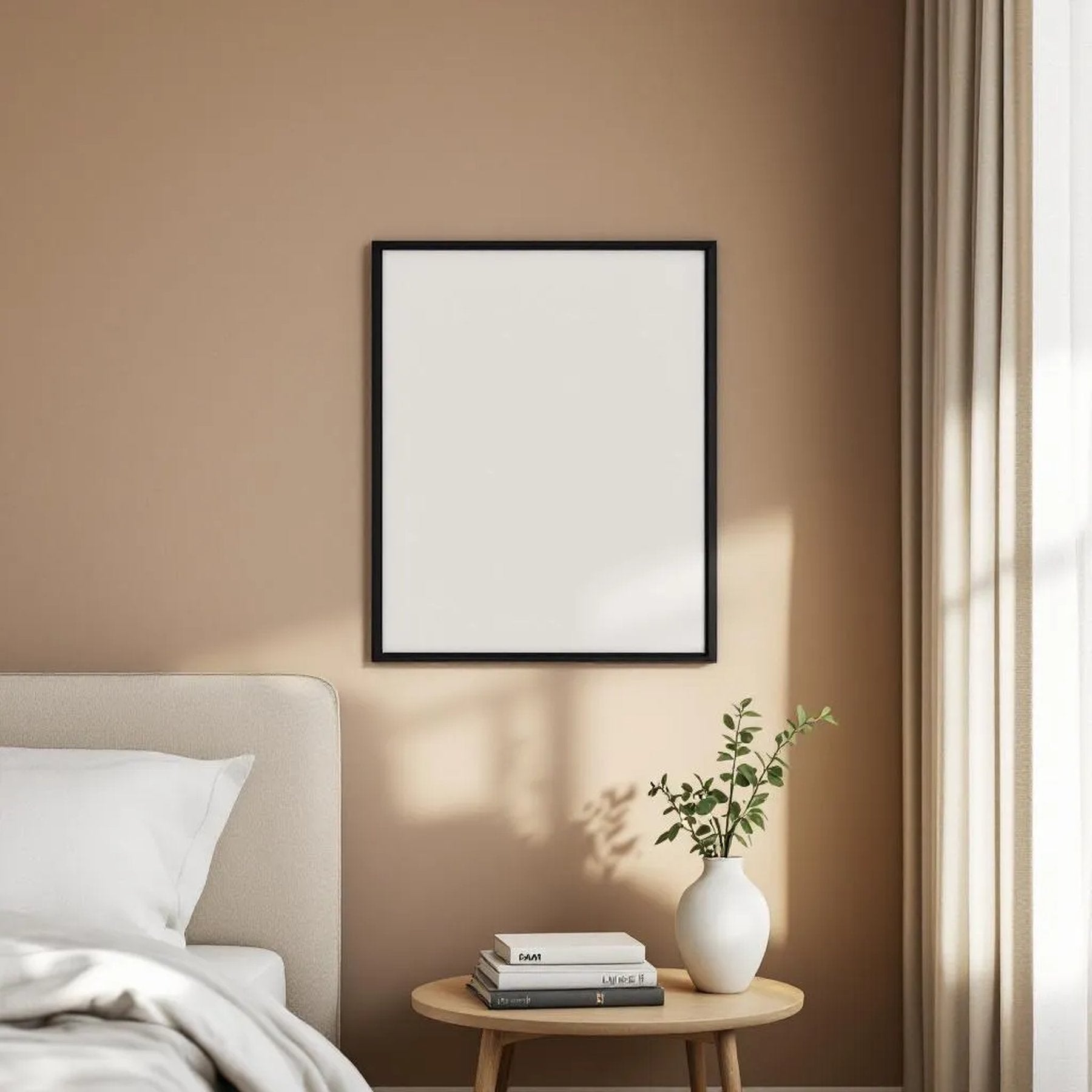White Bedroom Interior Frame Mockup — Plain Square Frame Portrait 2:3 — Corner Perspective View — #04546 | MockupBulk