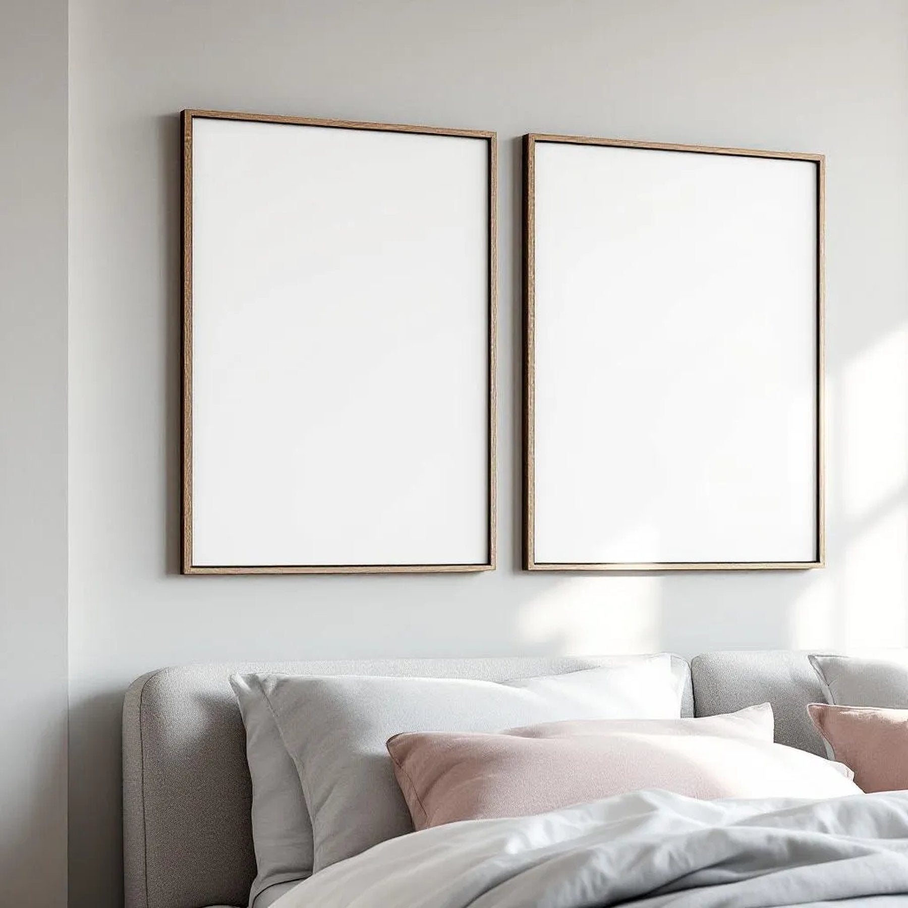 White Bedroom Interior Frame Mockup — Plain Square Frame Portrait 2:3 — Corner Perspective View — #04548 | MockupBulk