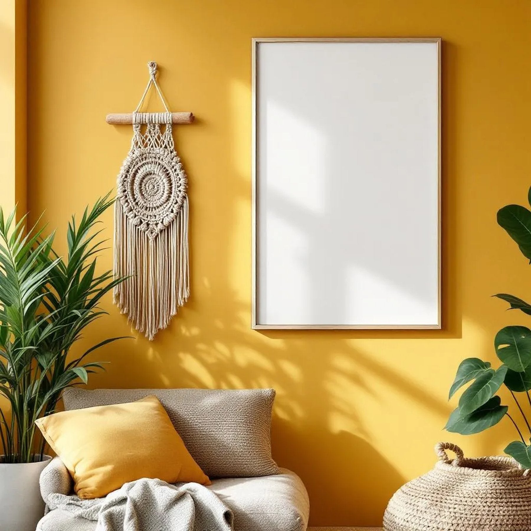 Boho Living Room Editorial Room Mockup — Plain Square Frame Portrait 2:3 — Corner Perspective View — #04919 | MockupBulk