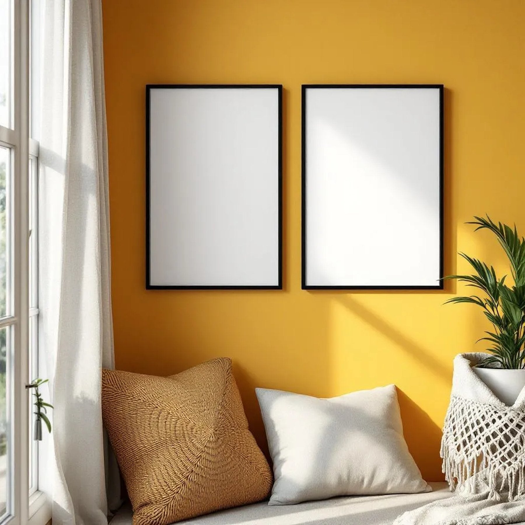 Boho Living Room Room Scene Mockup — Plain Square Frame Portrait 2:3 — Corner Perspective View — #04922 | MockupBulk