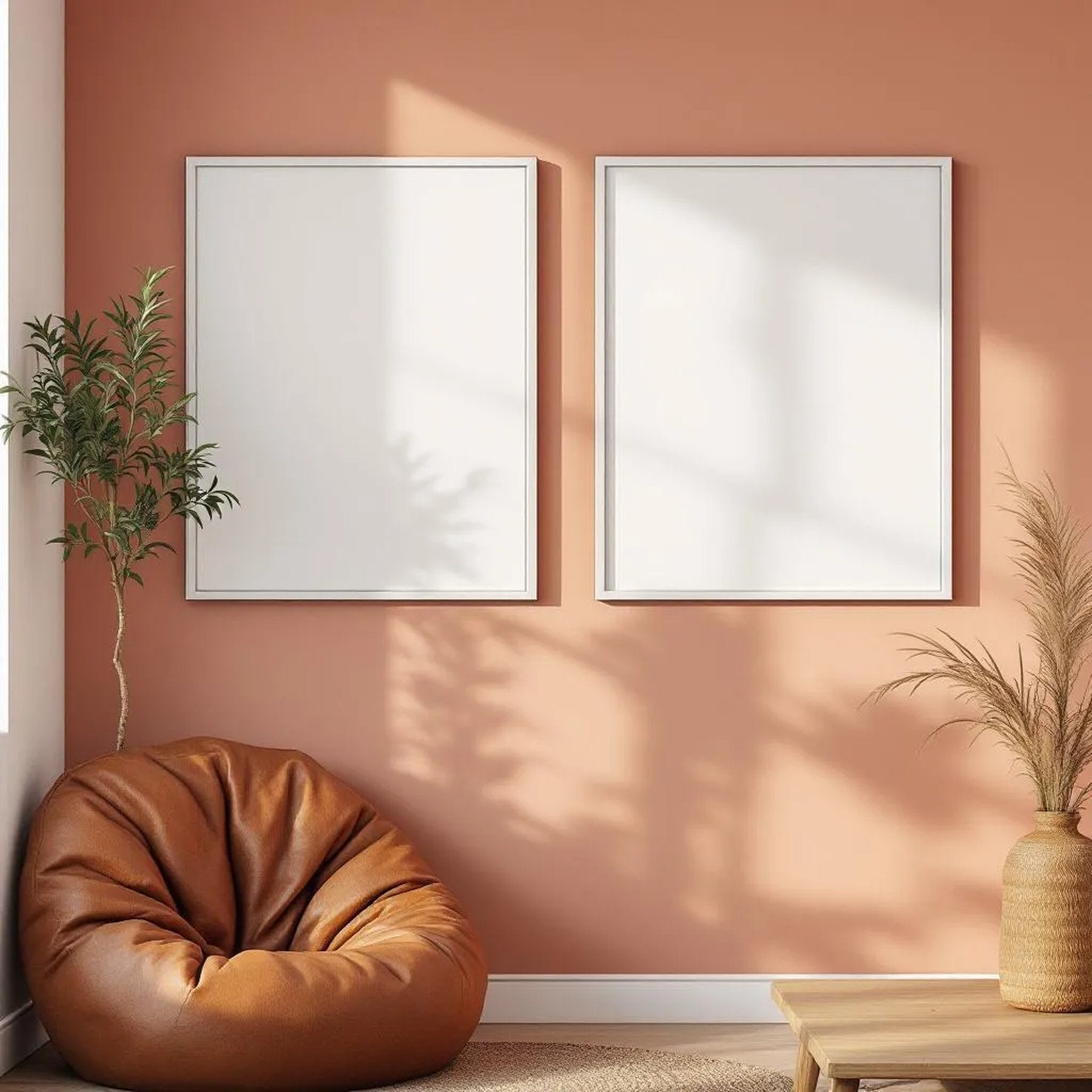 Boho Living Room Room Scene Mockup — Plain Square Frame Portrait 2:3 — Corner Perspective View — #04923 | MockupBulk