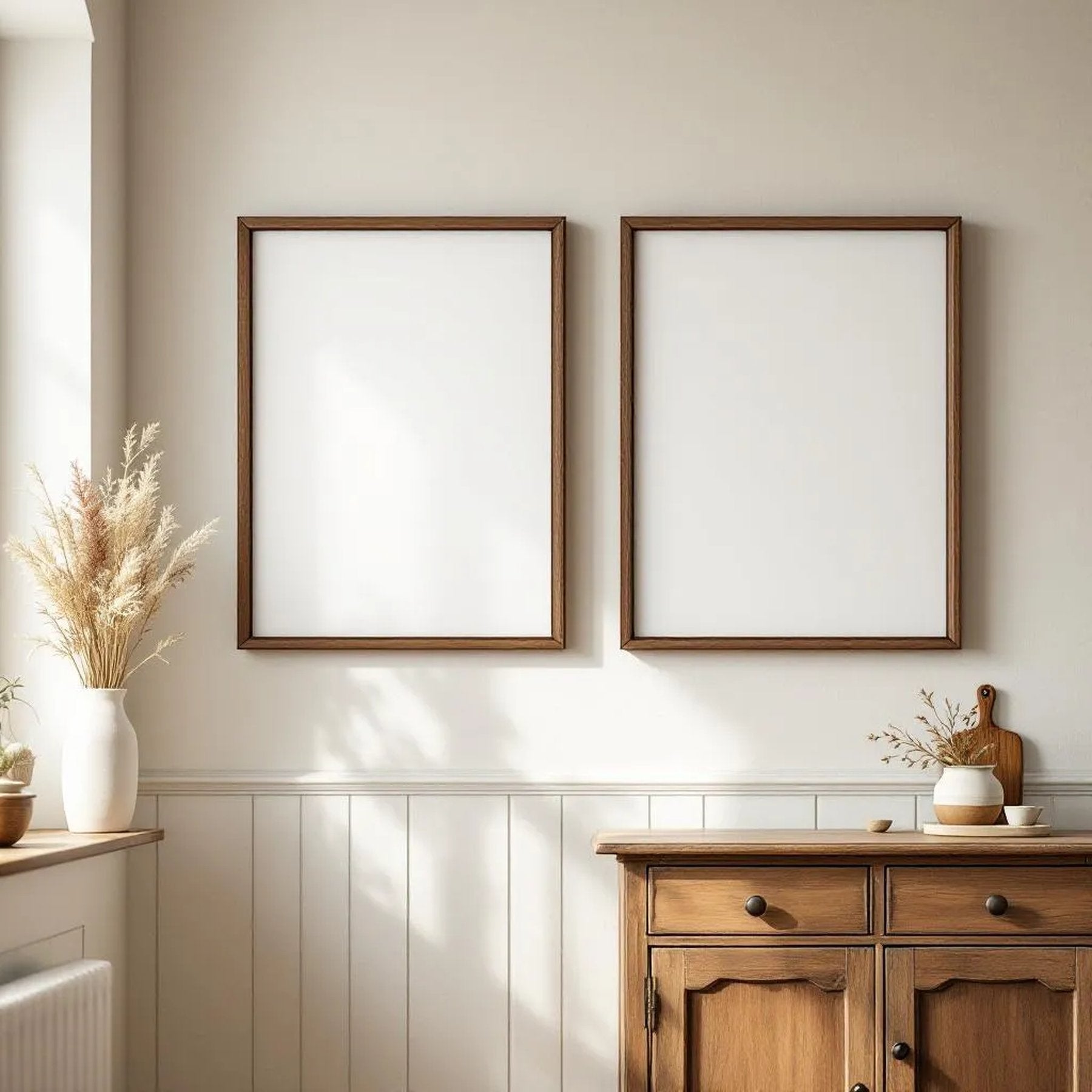 Farmhouse Room Scene Mockup — Plain Square Frame Square 1:1 — Corner Perspective View — #04973 | MockupBulk