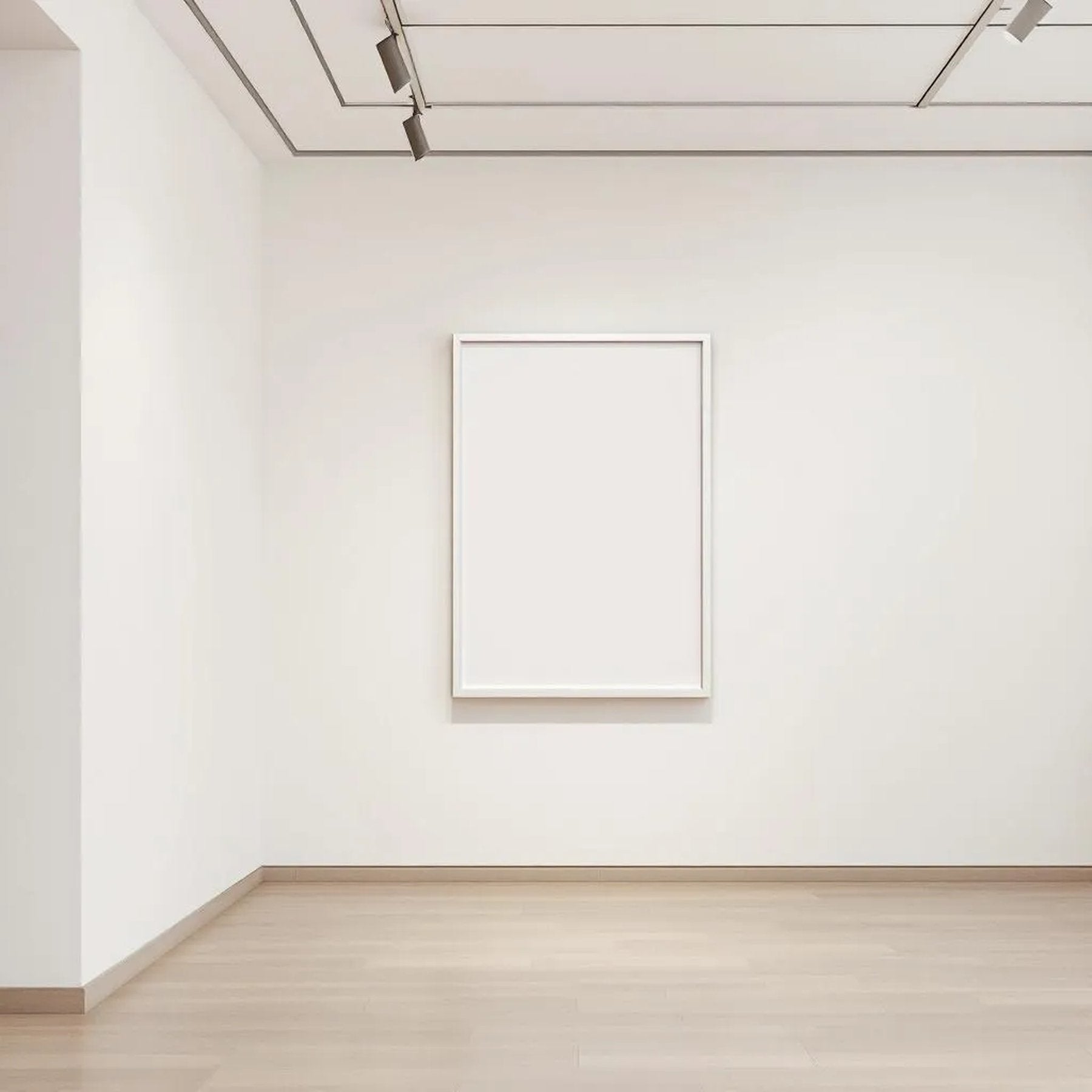 White Gallery Wall Frame Display Mockup — Plain Square Frame Square 1:1 — Corner Perspective View — #04619 | MockupBulk