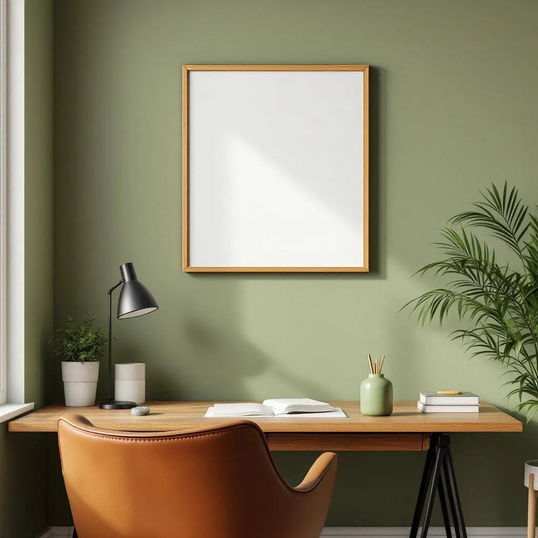 Home Office Interior Frame Mockup — Plain Square Frame Portrait 2:3 — Corner Perspective View — #04720 | MockupBulk
