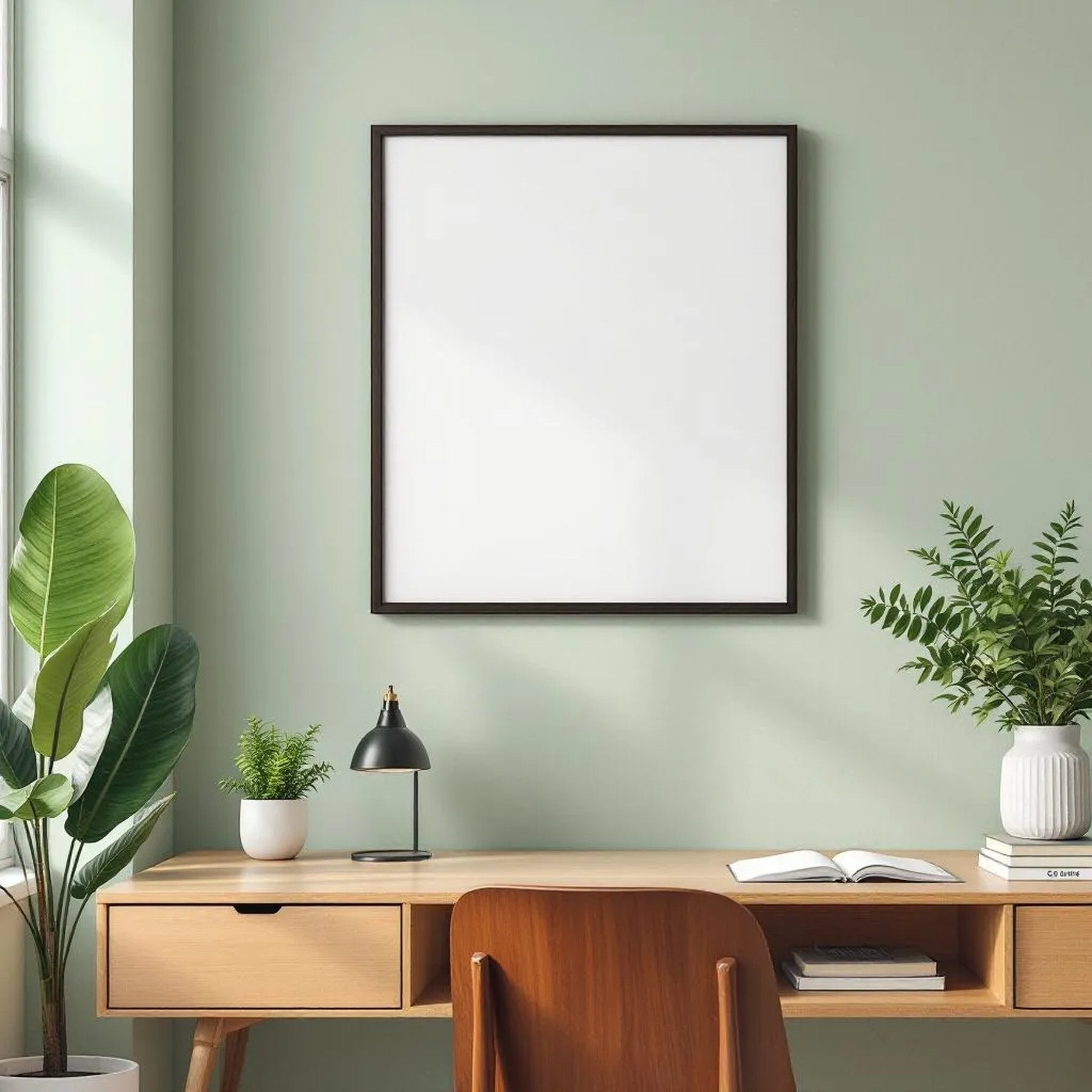 Home Office Wall Art Mockup — Plain Square Frame Portrait 4:5 — Corner Perspective View — #04721 | MockupBulk