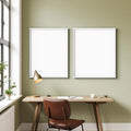 Home Office Room Scene Mockup — Plain Square Frame Portrait 2:3 — Corner Perspective View — #04723 | MockupBulk
