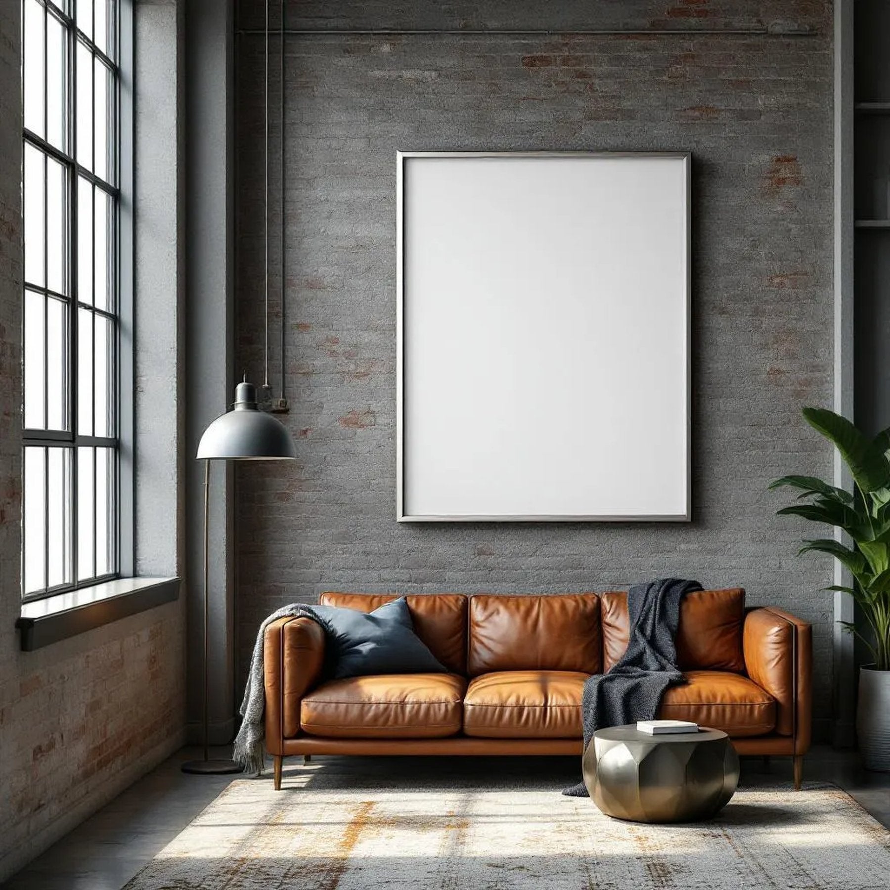 Industrial Loft Styled Room Mockup — Plain Square Frame Portrait 2:3 — Corner Perspective View — #04519 | MockupBulk