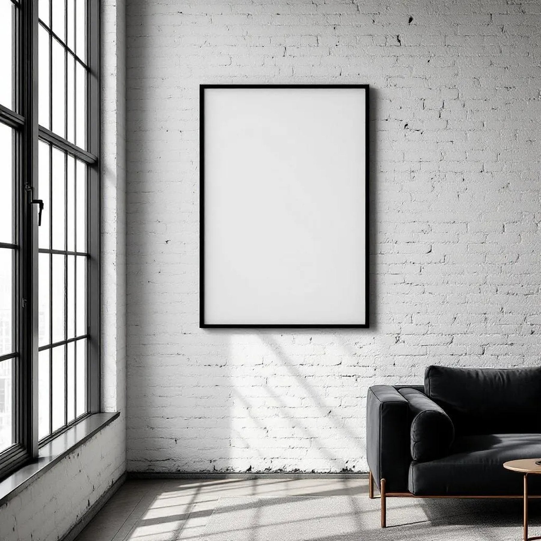 Industrial Loft Styled Room Mockup — Plain Square Frame Portrait 2:3 — Corner Perspective View — #04521 | MockupBulk