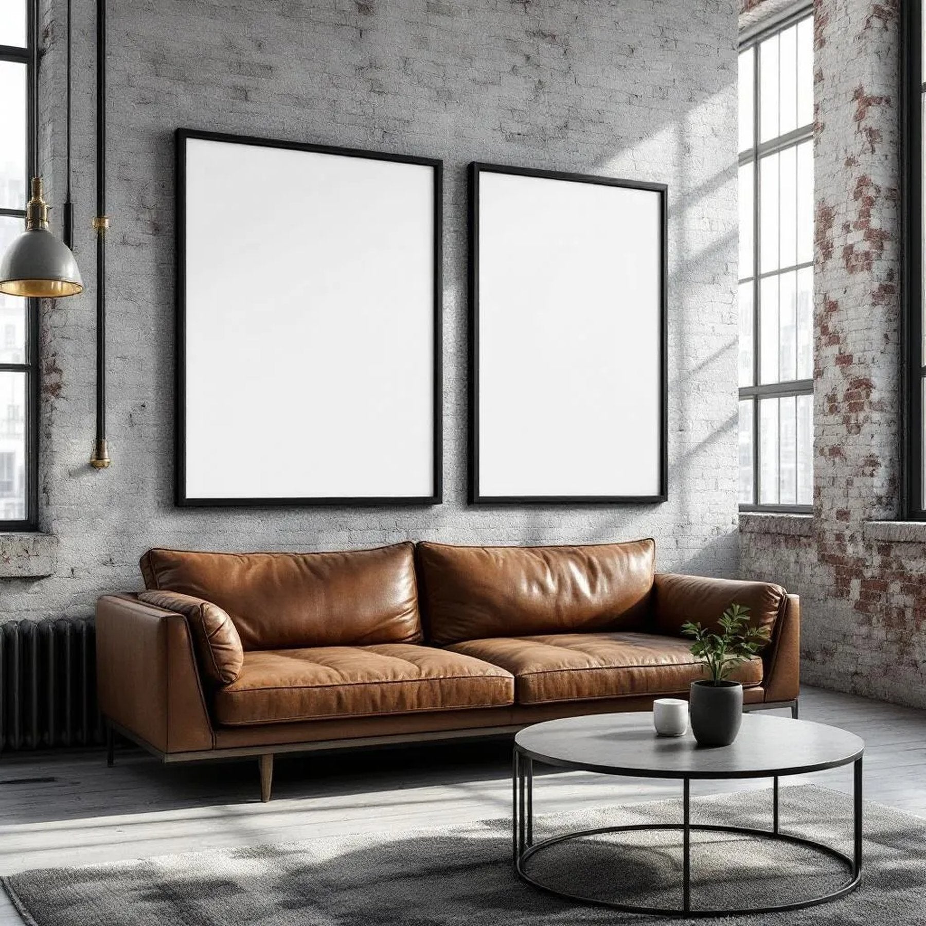 Industrial Loft Wall Art Mockup — Plain Square Frame Portrait 2:3 — Corner Perspective View — #04522 | MockupBulk